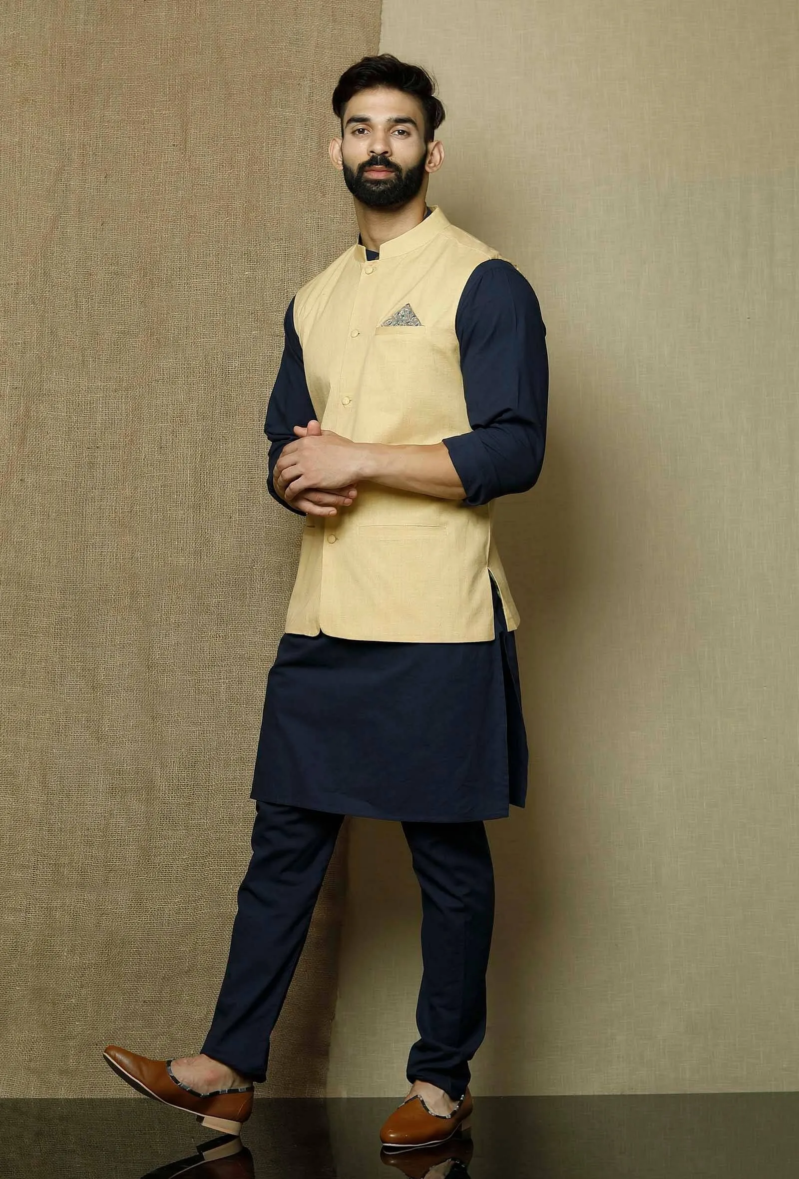 Khaki Yellow- Cotton Nehru Jacket