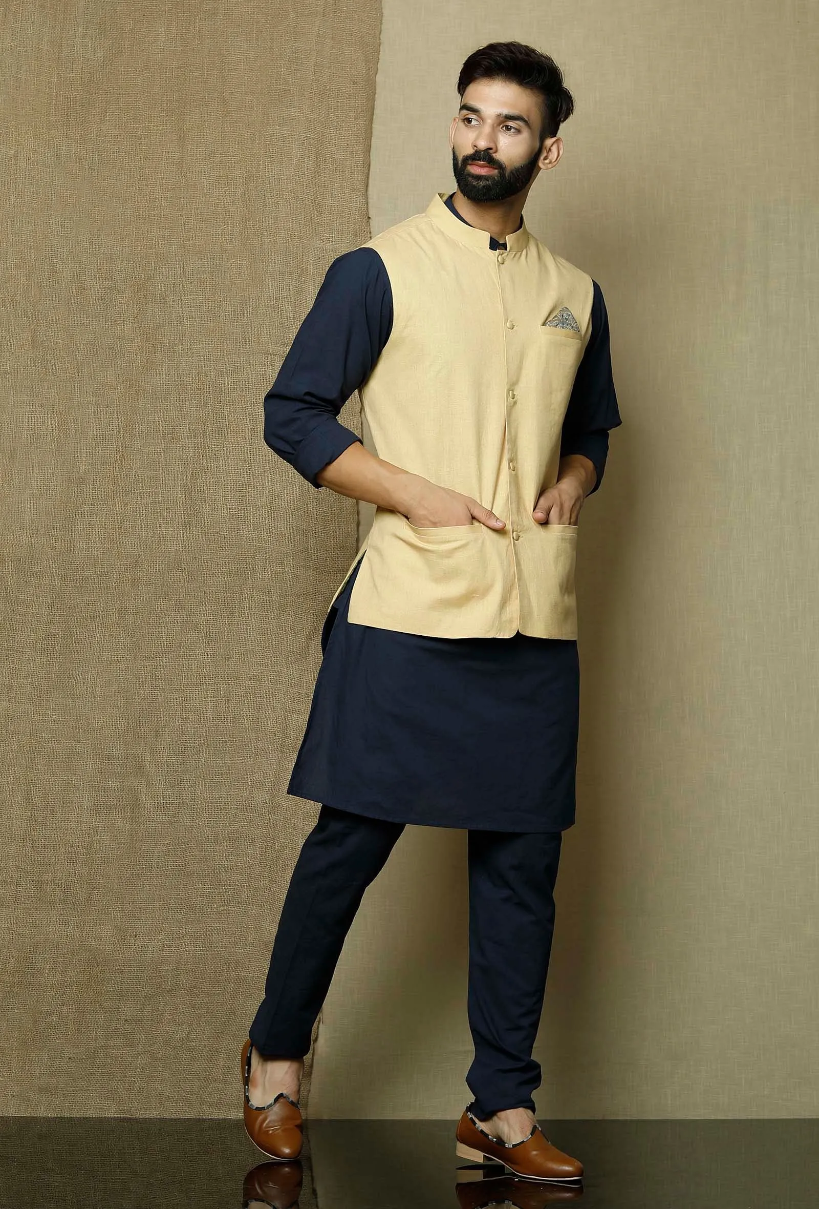 Khaki Yellow- Cotton Nehru Jacket