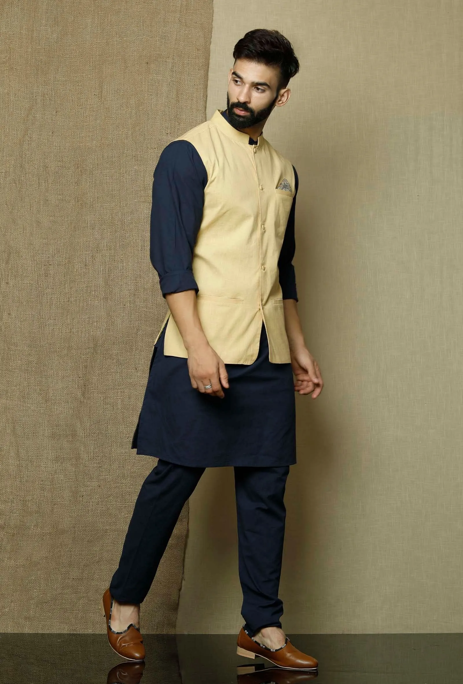 Khaki Yellow- Cotton Nehru Jacket