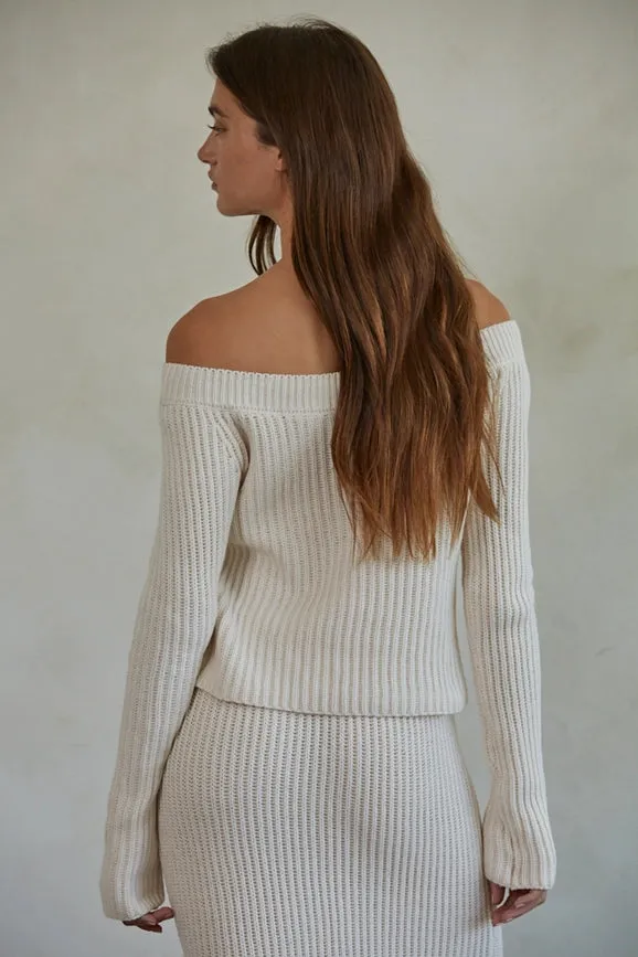 Knit Ribbed Sweater Boat Neck Crop Top Cream