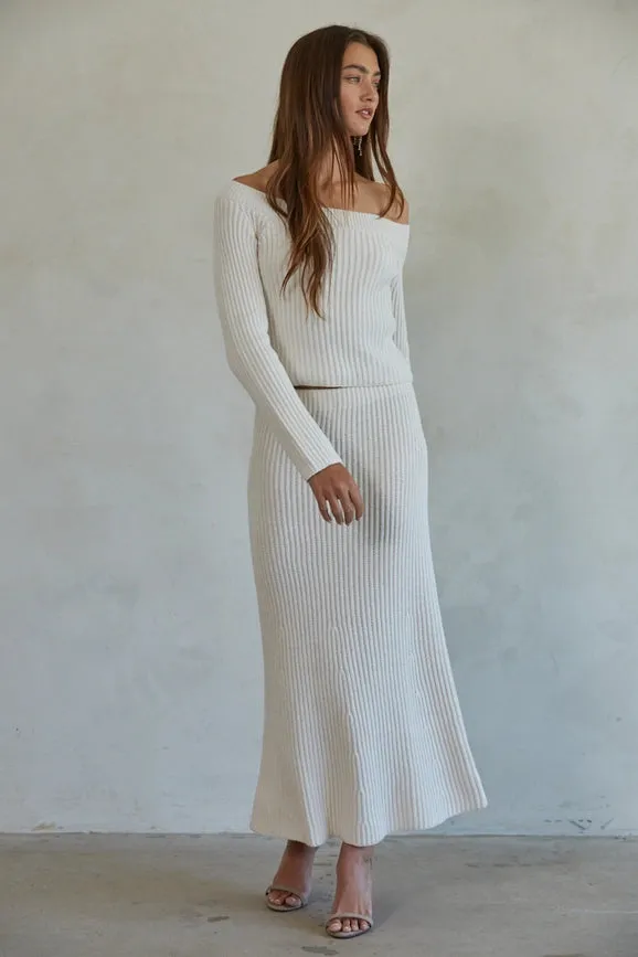 Knit Ribbed Sweater Boat Neck Crop Top Cream