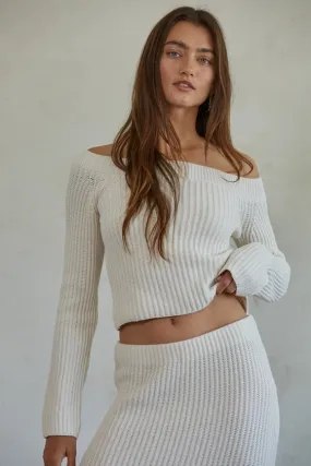 Knit Ribbed Sweater Boat Neck Crop Top Cream