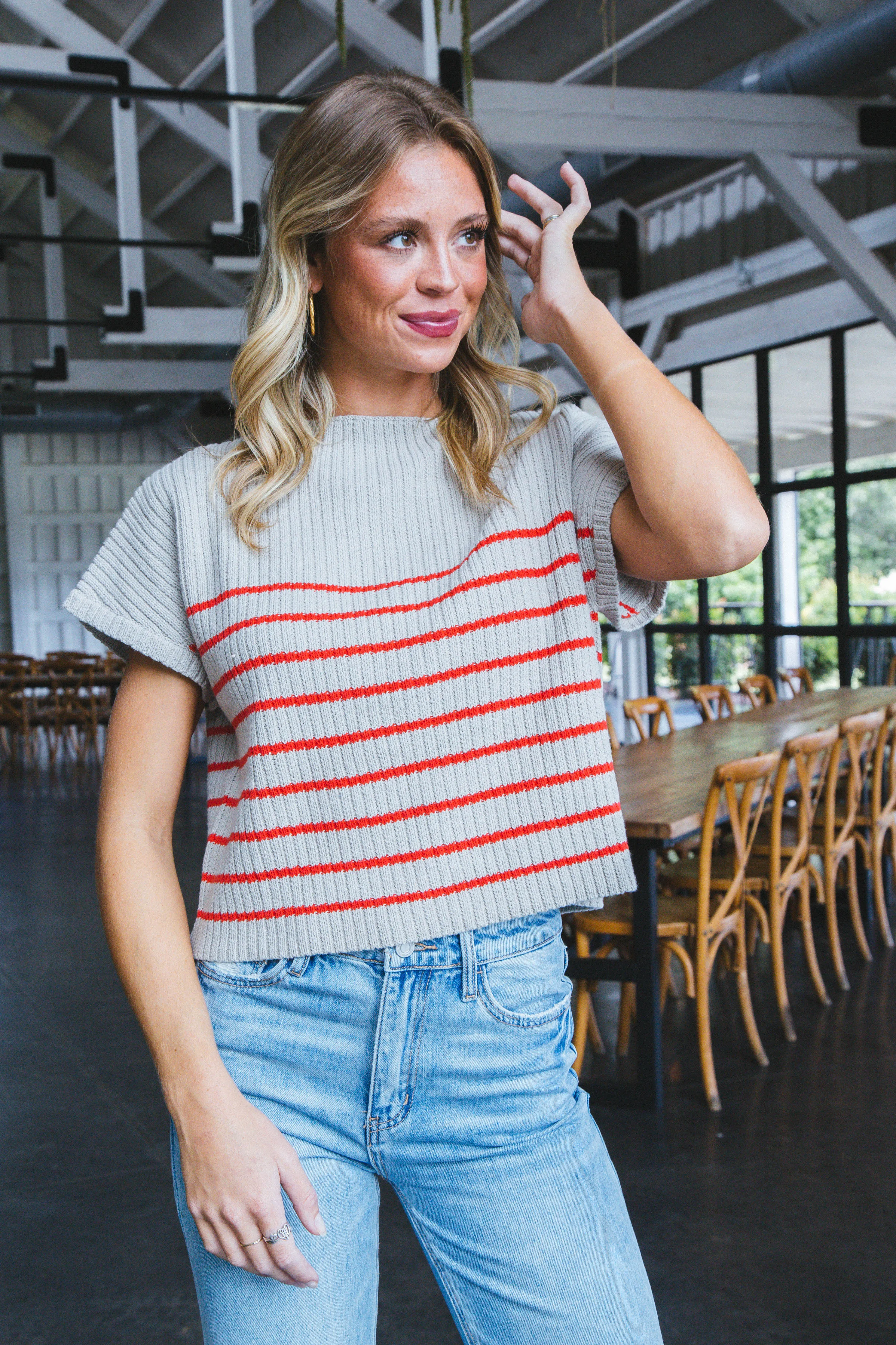 Laney Mock Neck Striped Top, Red