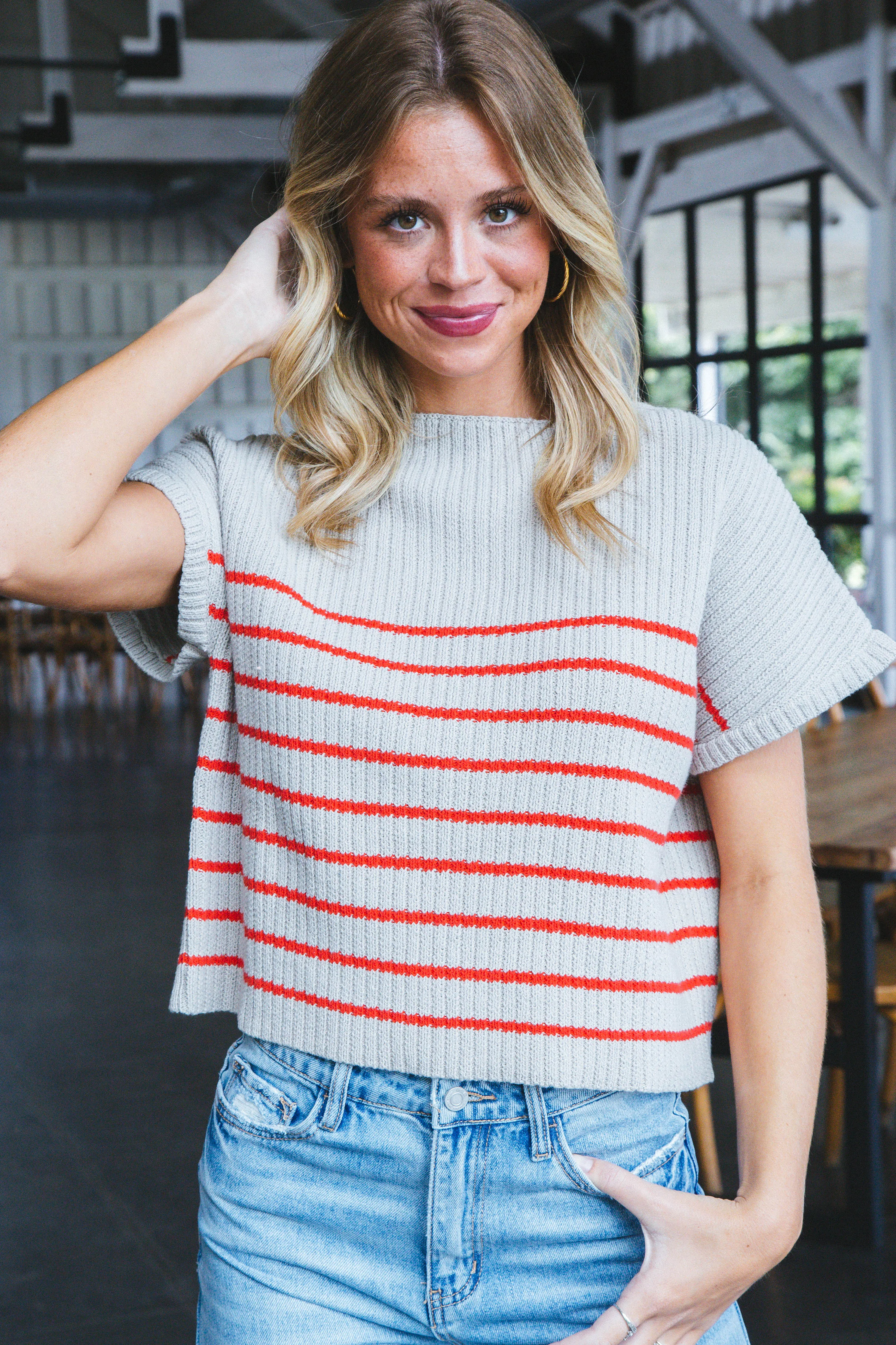 Laney Mock Neck Striped Top, Red