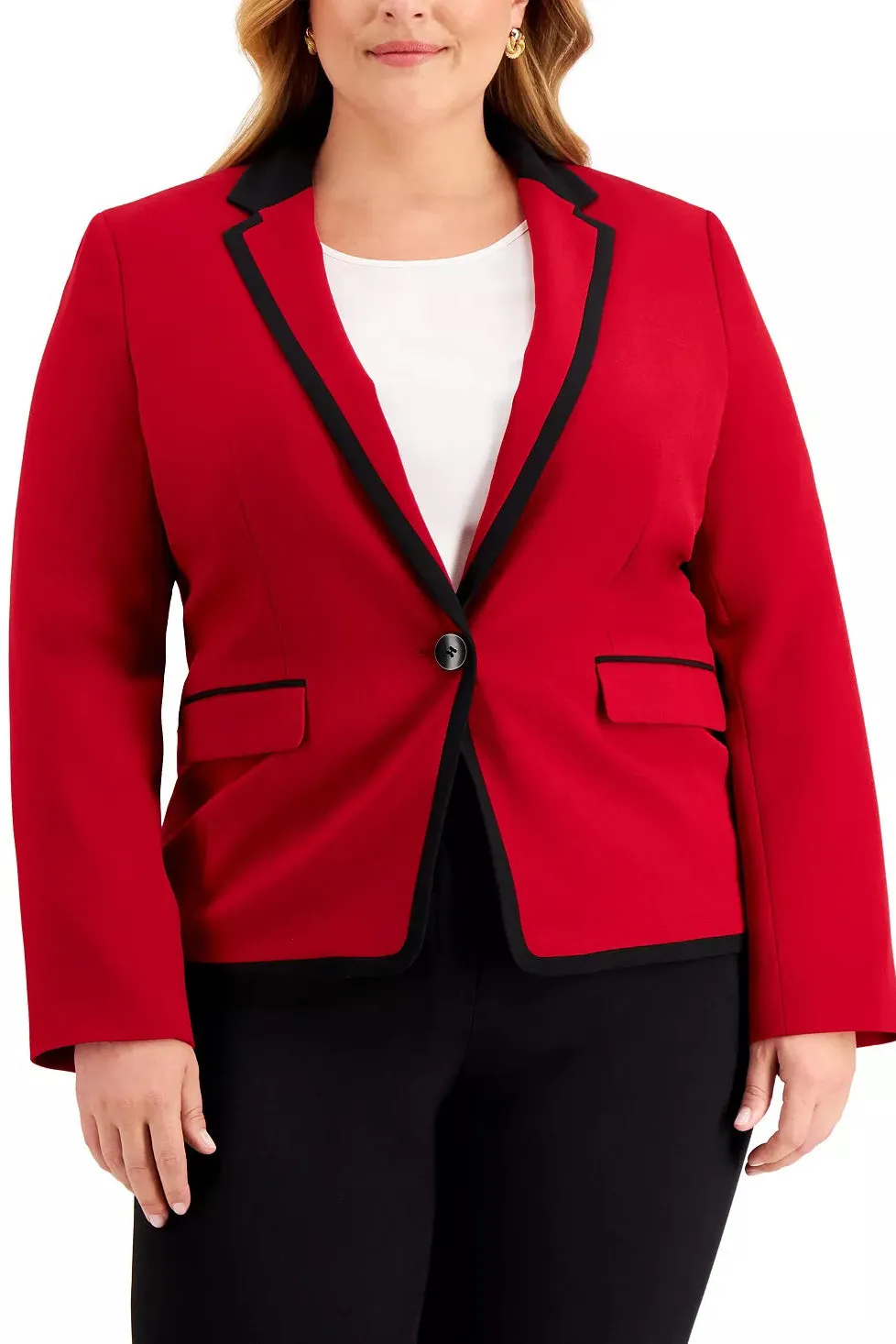 Le Suit Notched Collar One Button Closure Slit Cuff Piping Detail Jacket with Button Hook Zipper Closure (Plus Size)