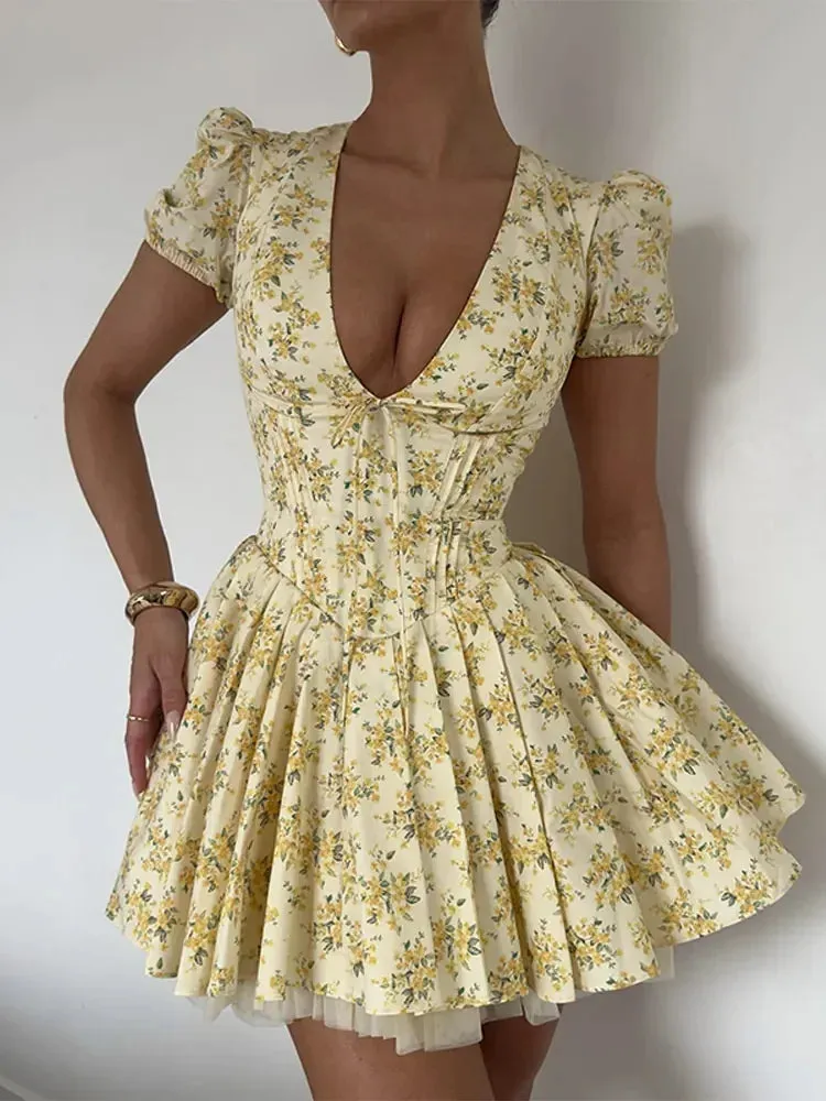 Lemon Bloom V-Neck Mini Dress