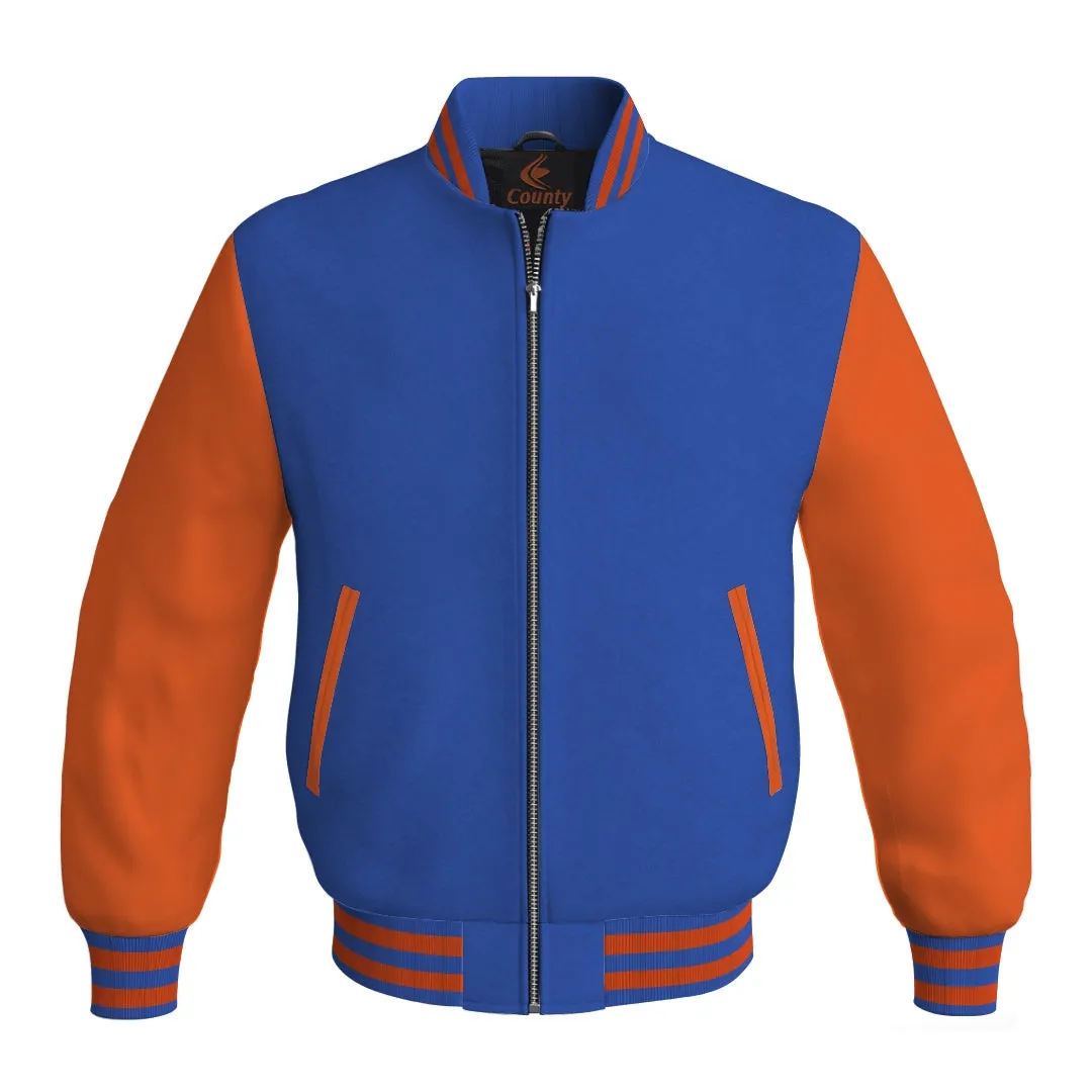 Letterman Jacket Blue Body and Orange Leather Sleeves Bomber Jacket