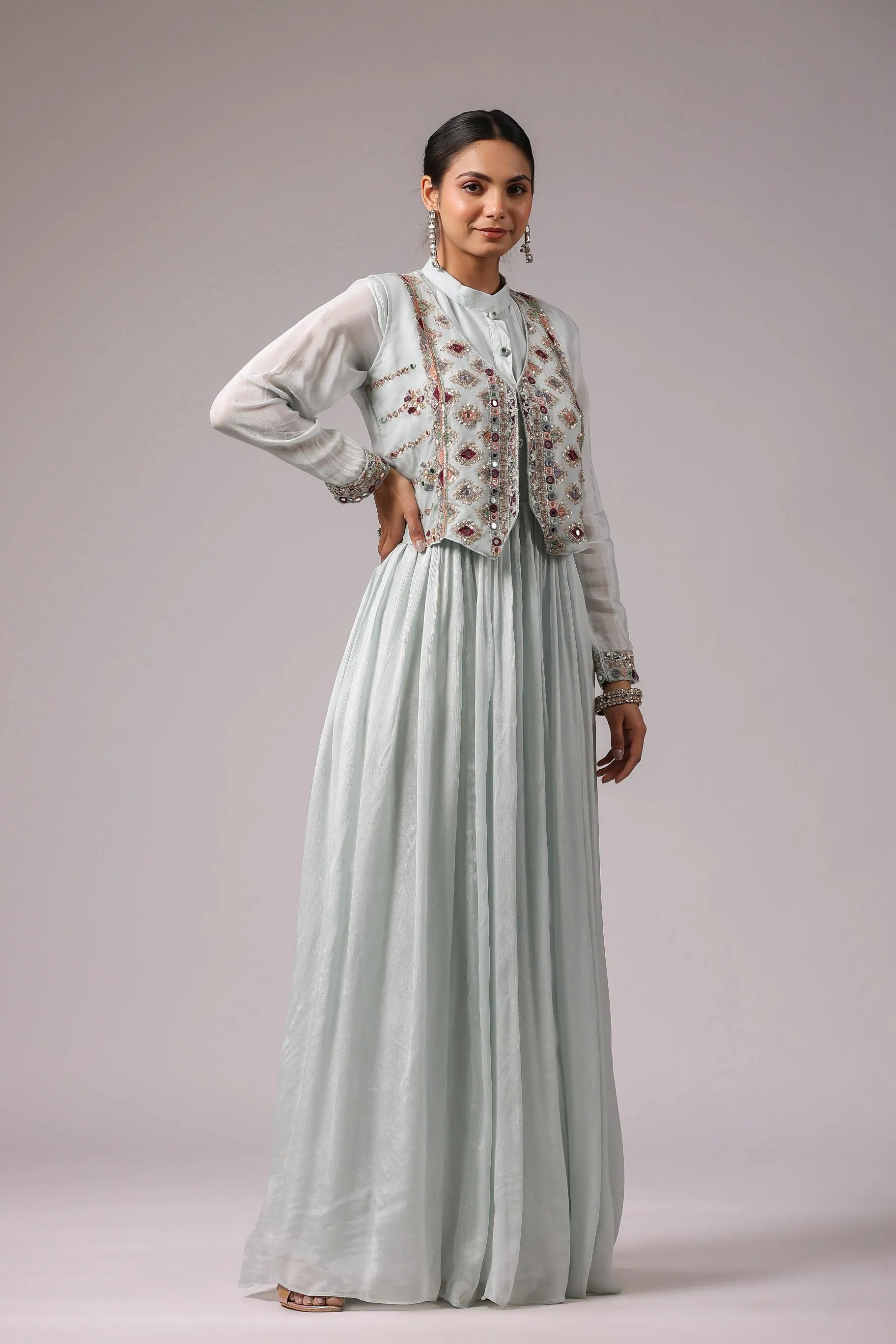 Light Blue Embroidered Premium Chinon Silk Jacket Gown