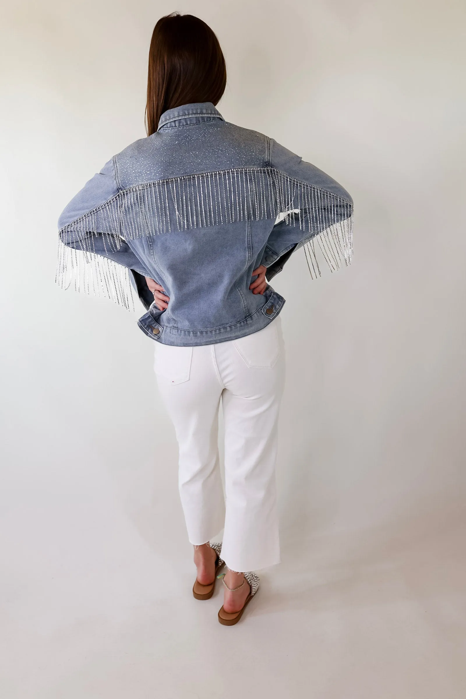 Like a Diamond Crystal Fringe Button Up Denim Jacket in Light Wash