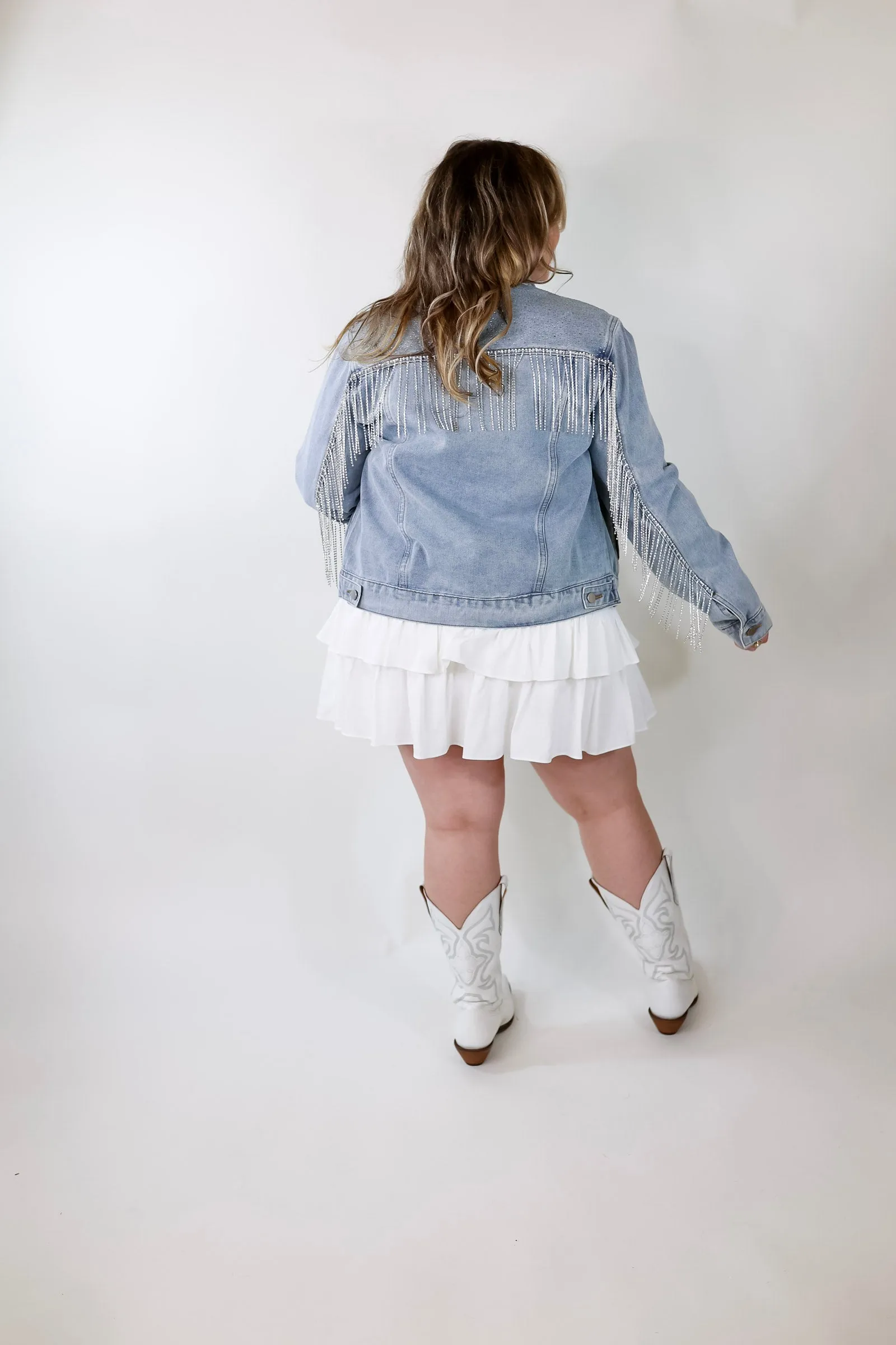 Like a Diamond Crystal Fringe Button Up Denim Jacket in Light Wash