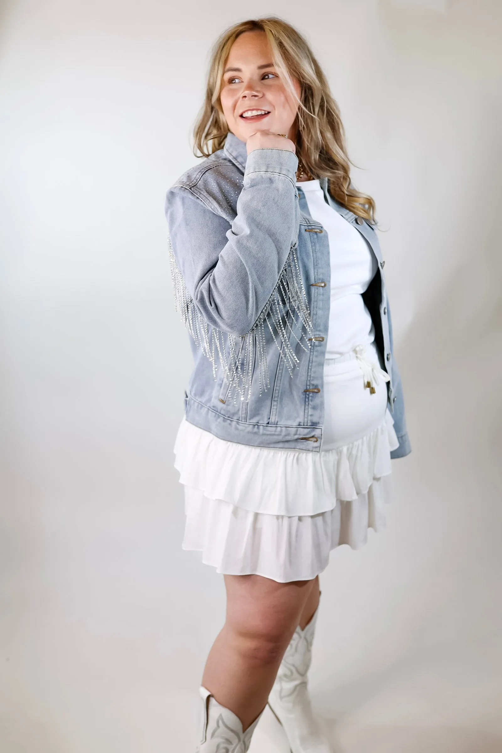 Like a Diamond Crystal Fringe Button Up Denim Jacket in Light Wash