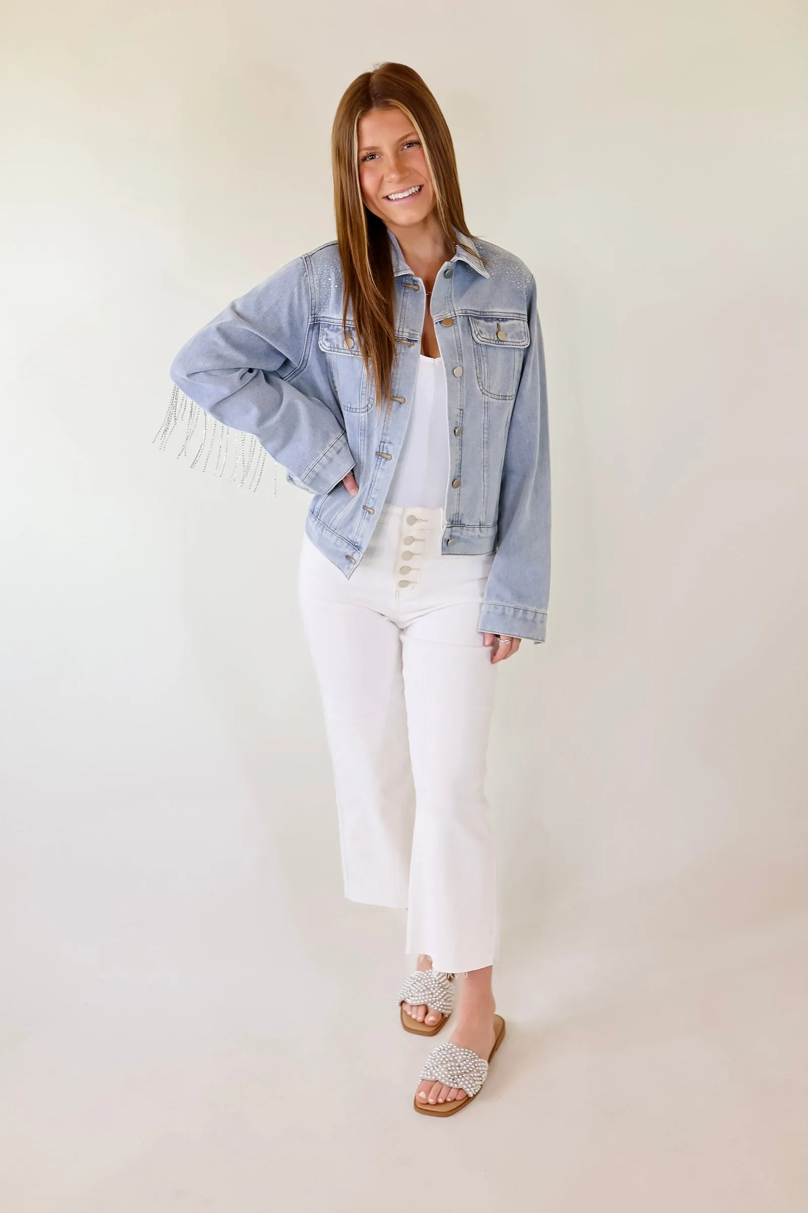 Like a Diamond Crystal Fringe Button Up Denim Jacket in Light Wash