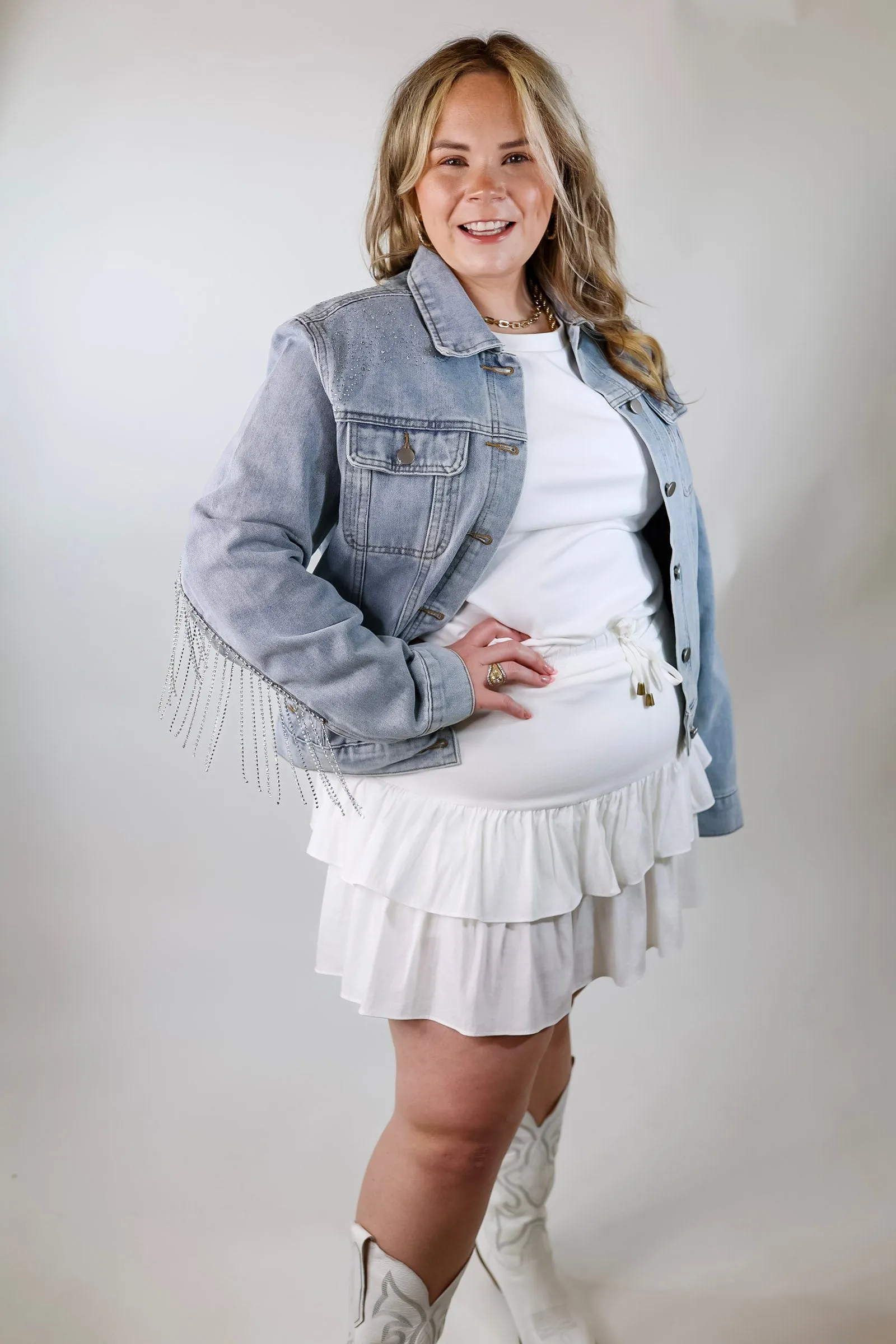 Like a Diamond Crystal Fringe Button Up Denim Jacket in Light Wash