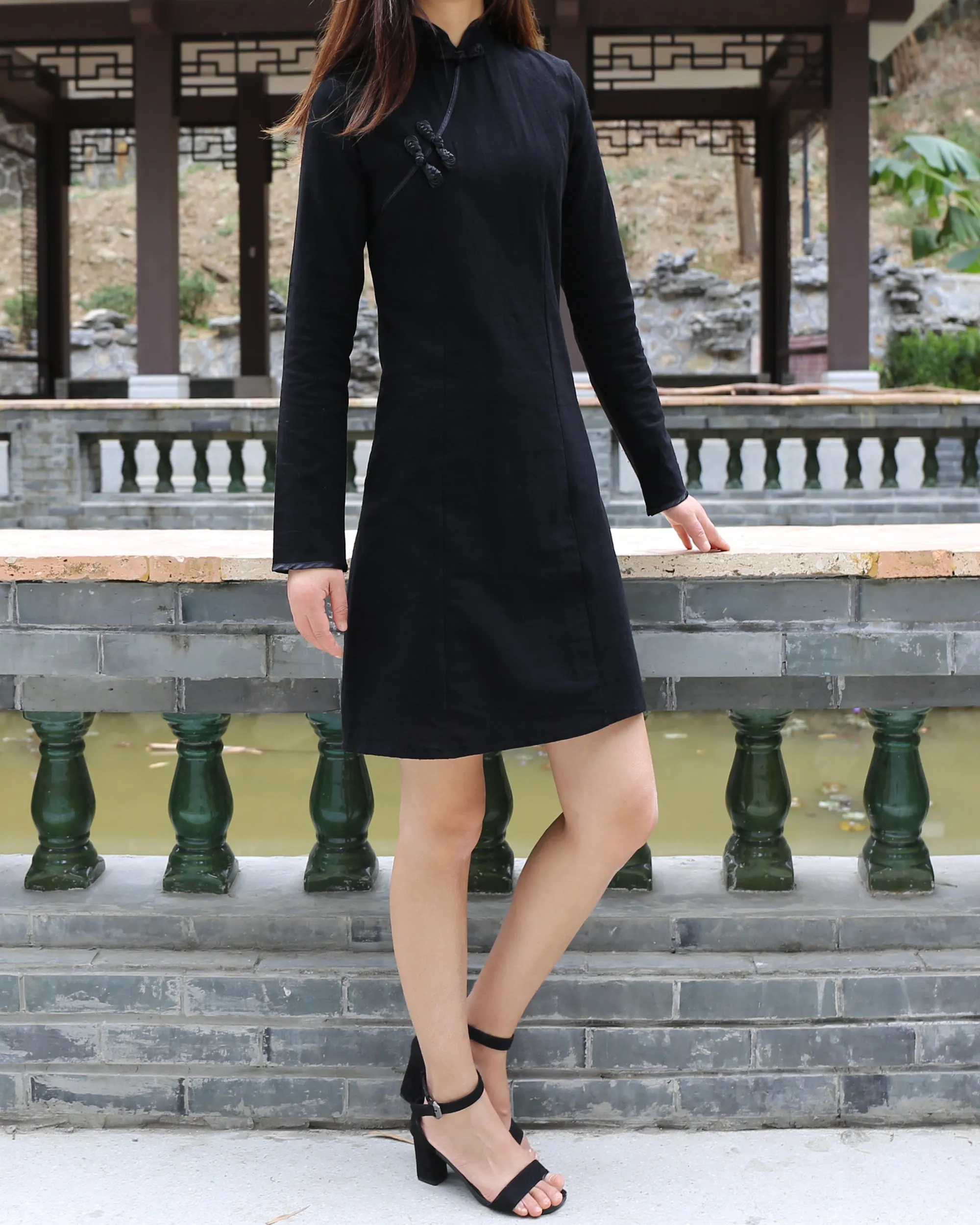 Linen dress, Long sleeve dress, Cheongsam dress, Chinese Vintage dress, Asian style lace dress, Modern Cheongsam, Qipao dress(Q1058L)