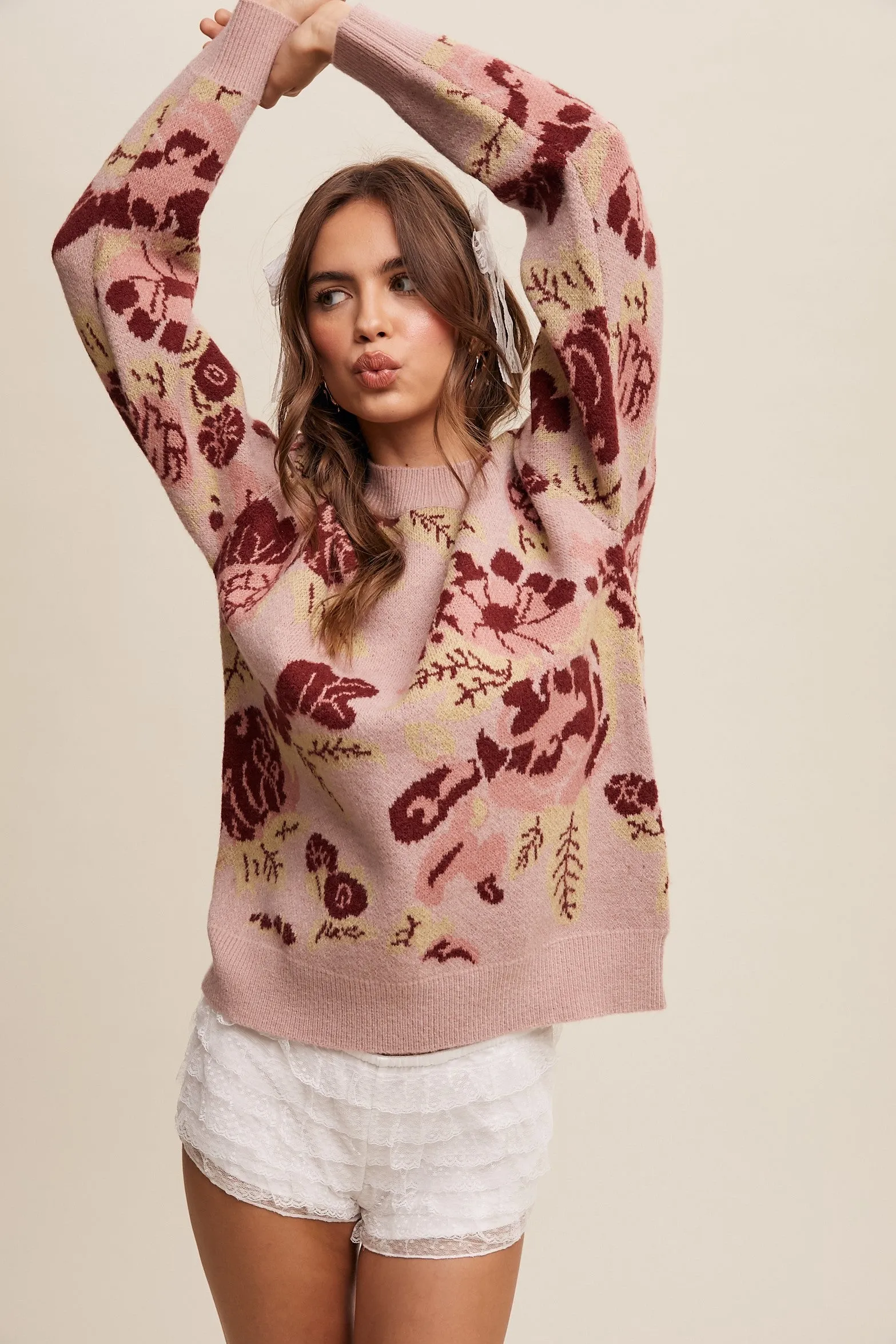 Luciana Floral Pattern Crew Neck Knit Sweater