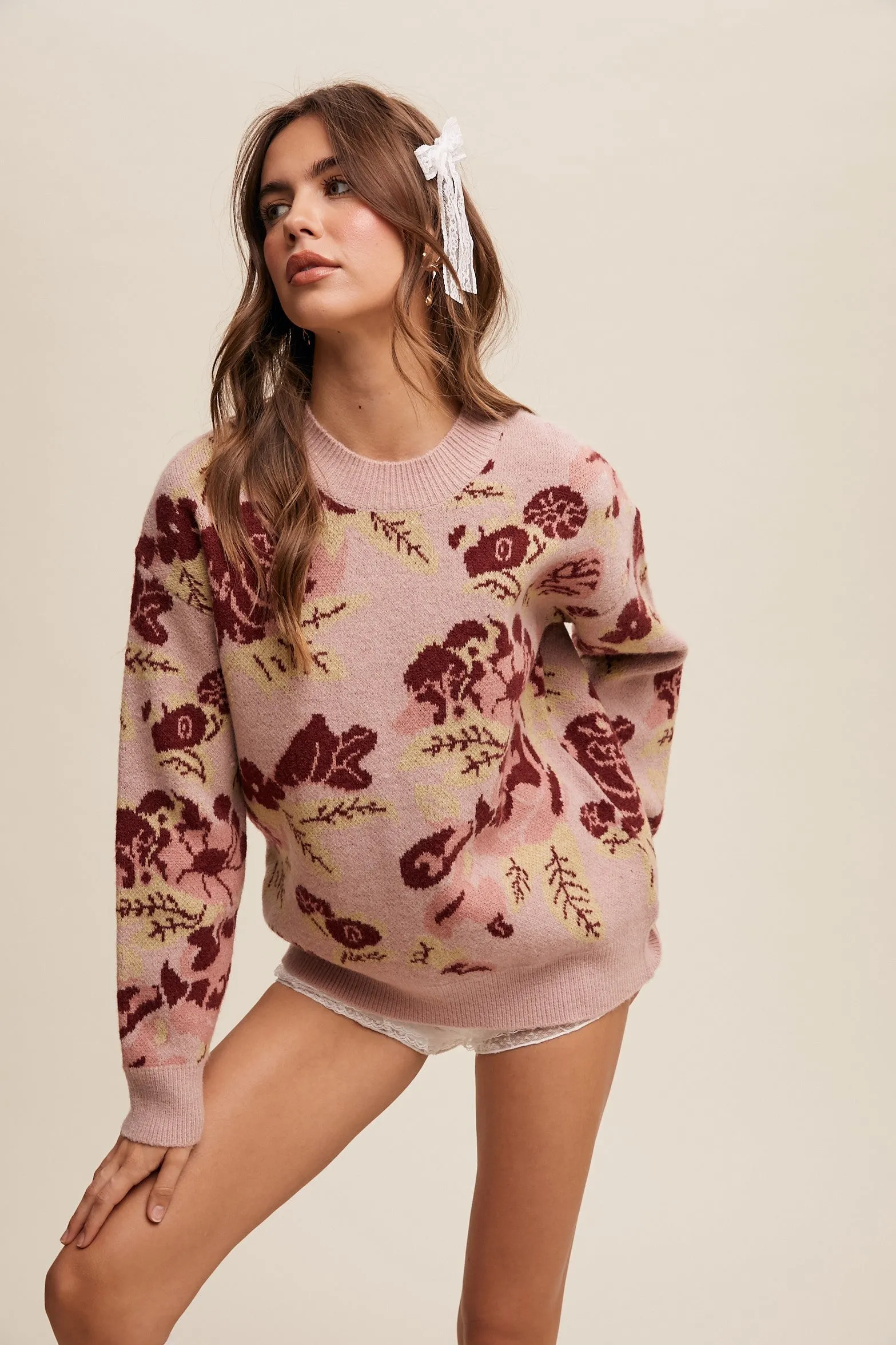 Luciana Floral Pattern Crew Neck Knit Sweater