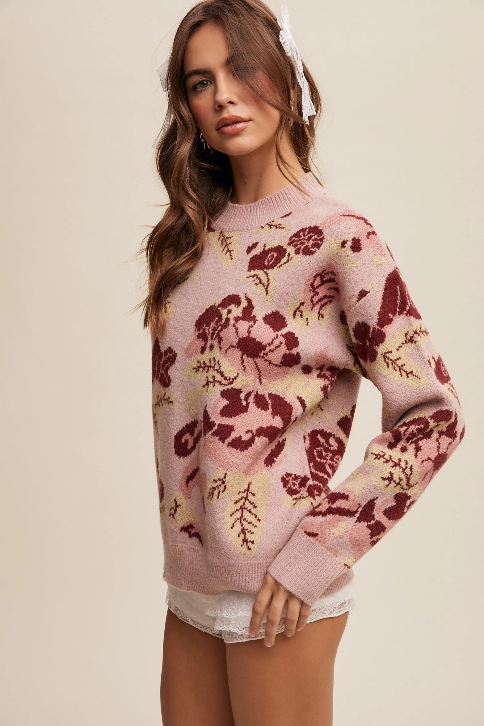 Luciana Floral Pattern Crew Neck Knit Sweater