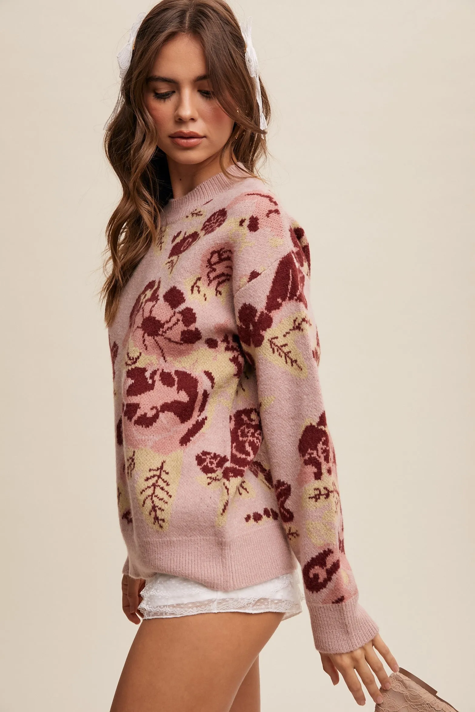 Luciana Floral Pattern Crew Neck Knit Sweater