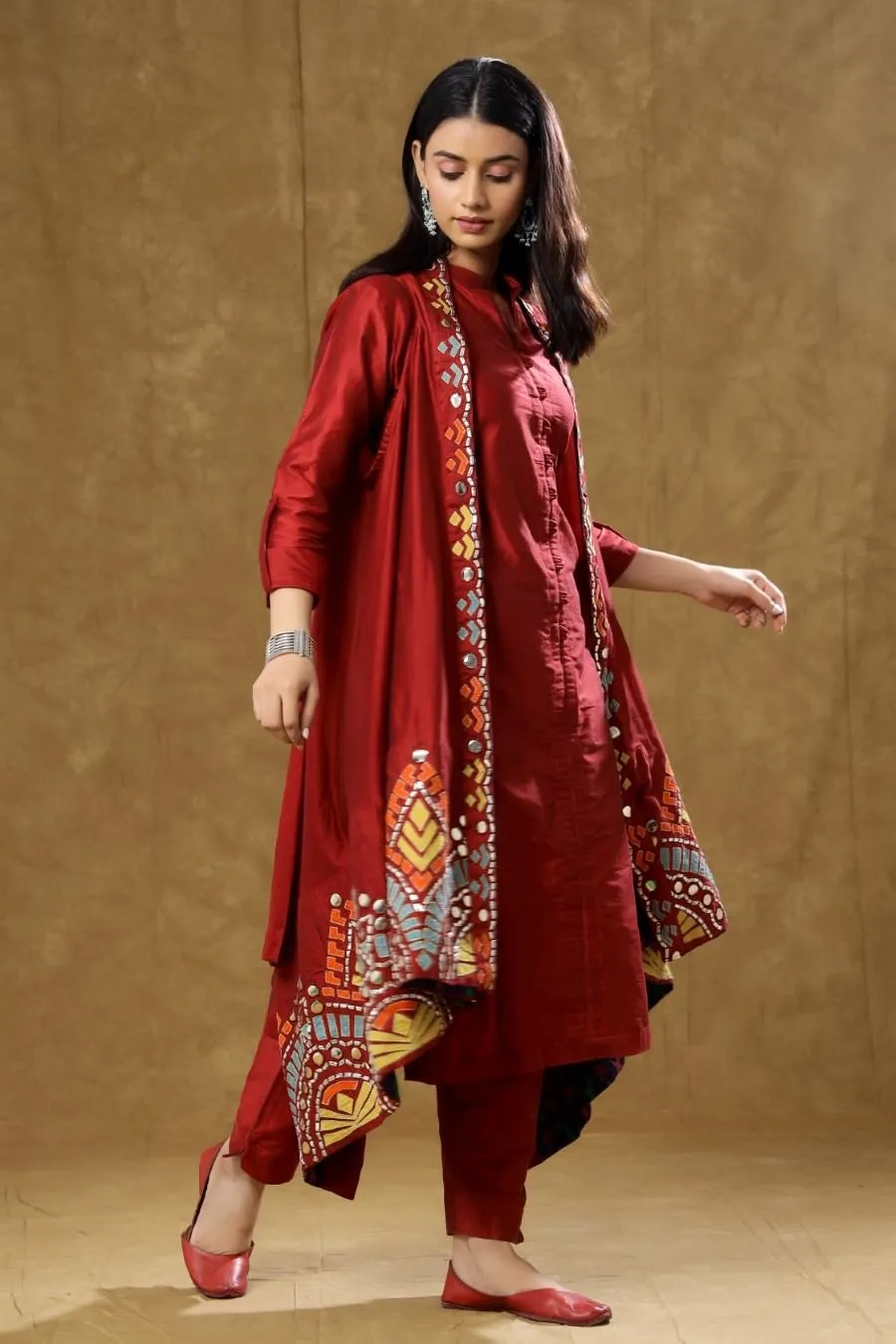 Maroon Dola Silk Kurta Pant And Jacket Set