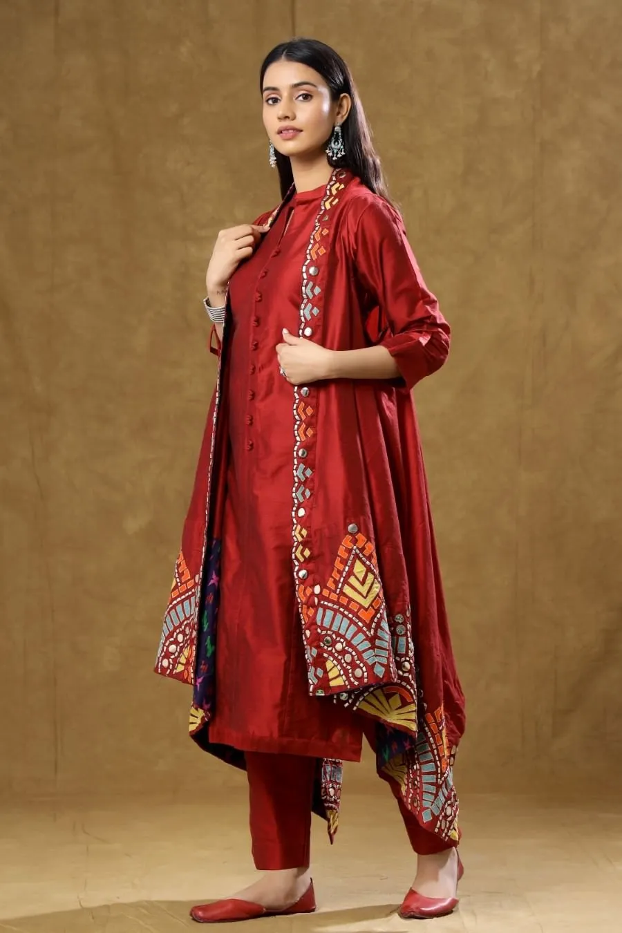 Maroon Dola Silk Kurta Pant And Jacket Set