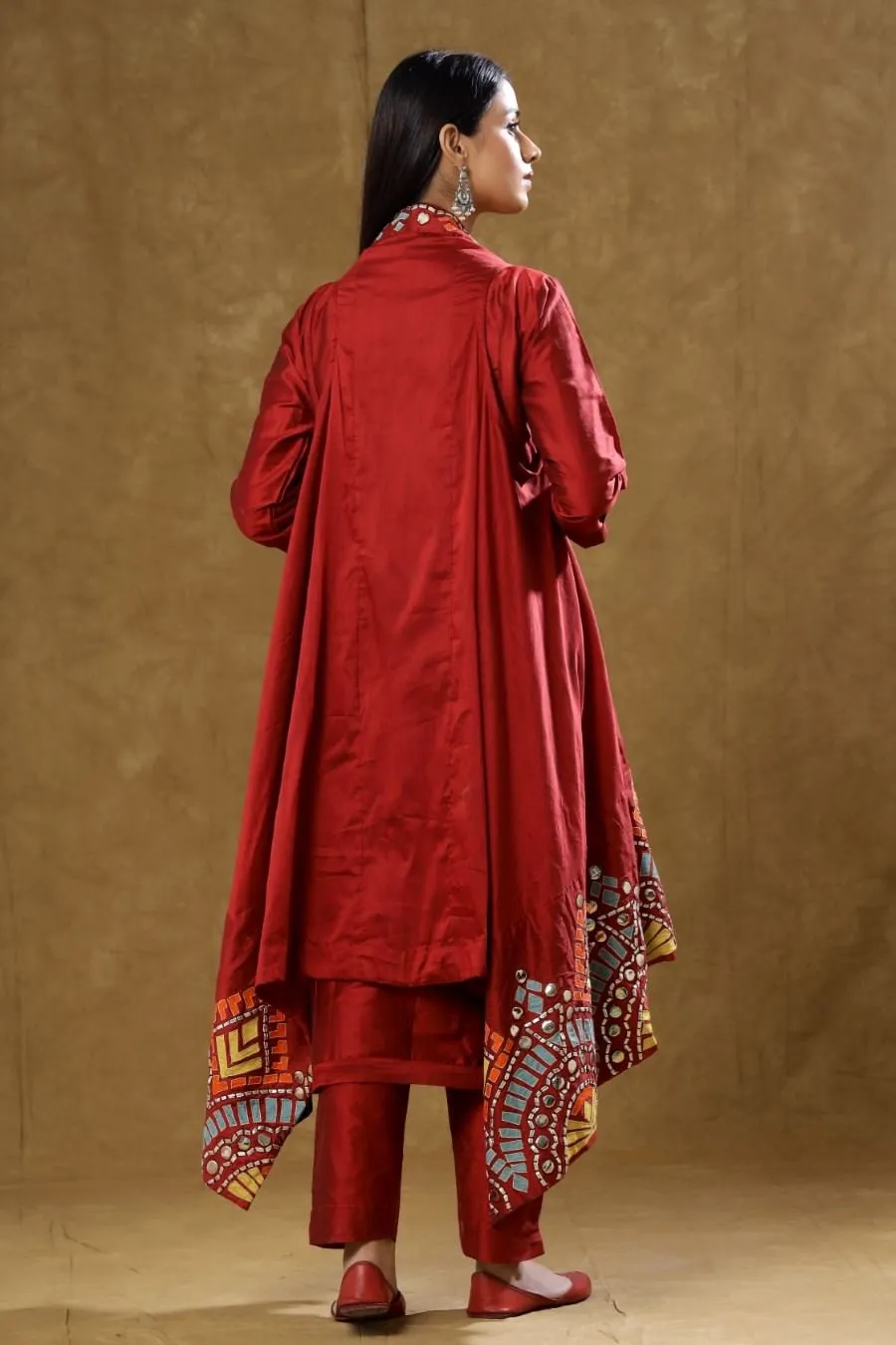 Maroon Dola Silk Kurta Pant And Jacket Set