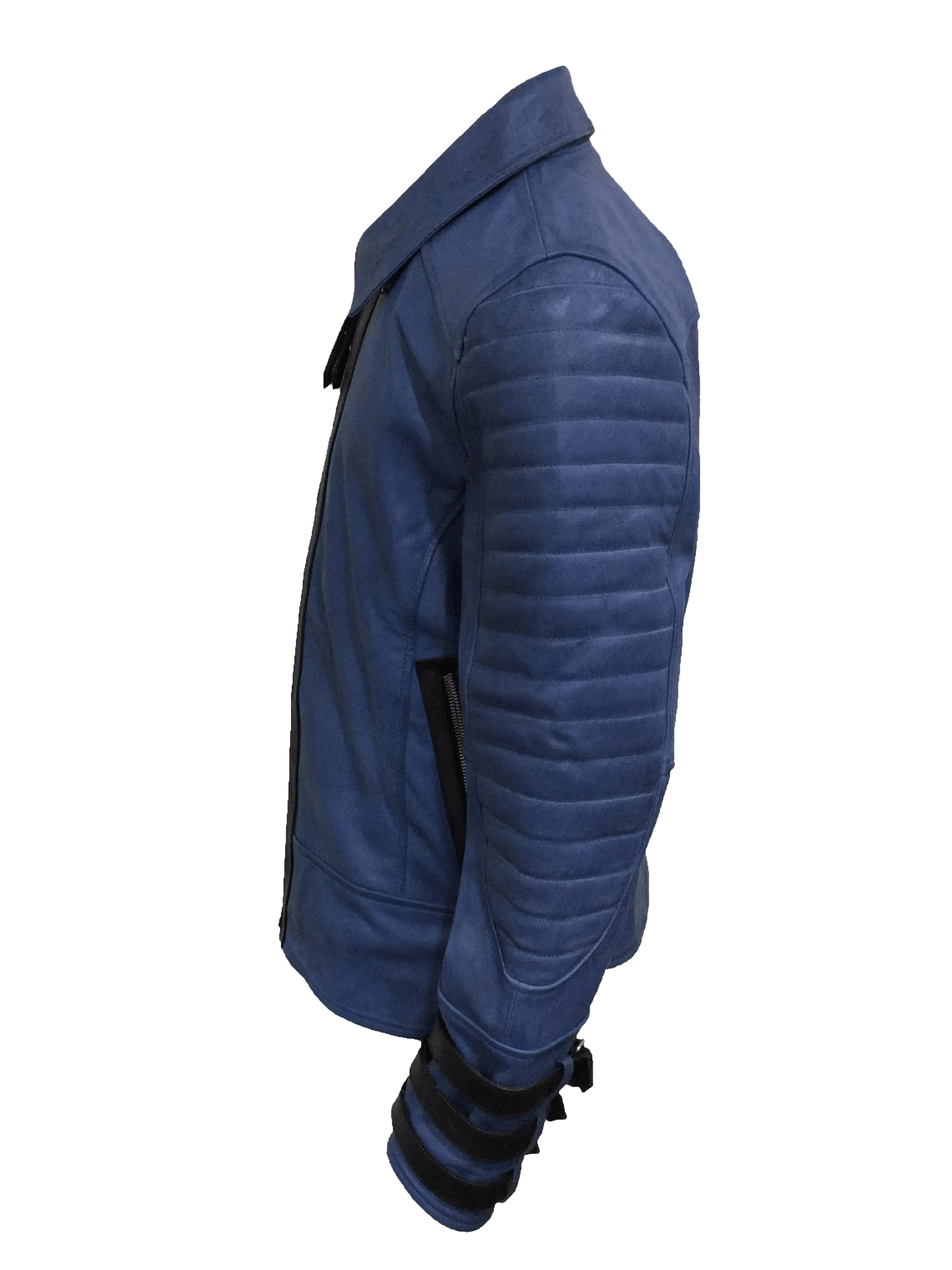 Men's Blue Quilted Style Point Collar Jacket | Mens Blue Quilted Style Leather Jacket