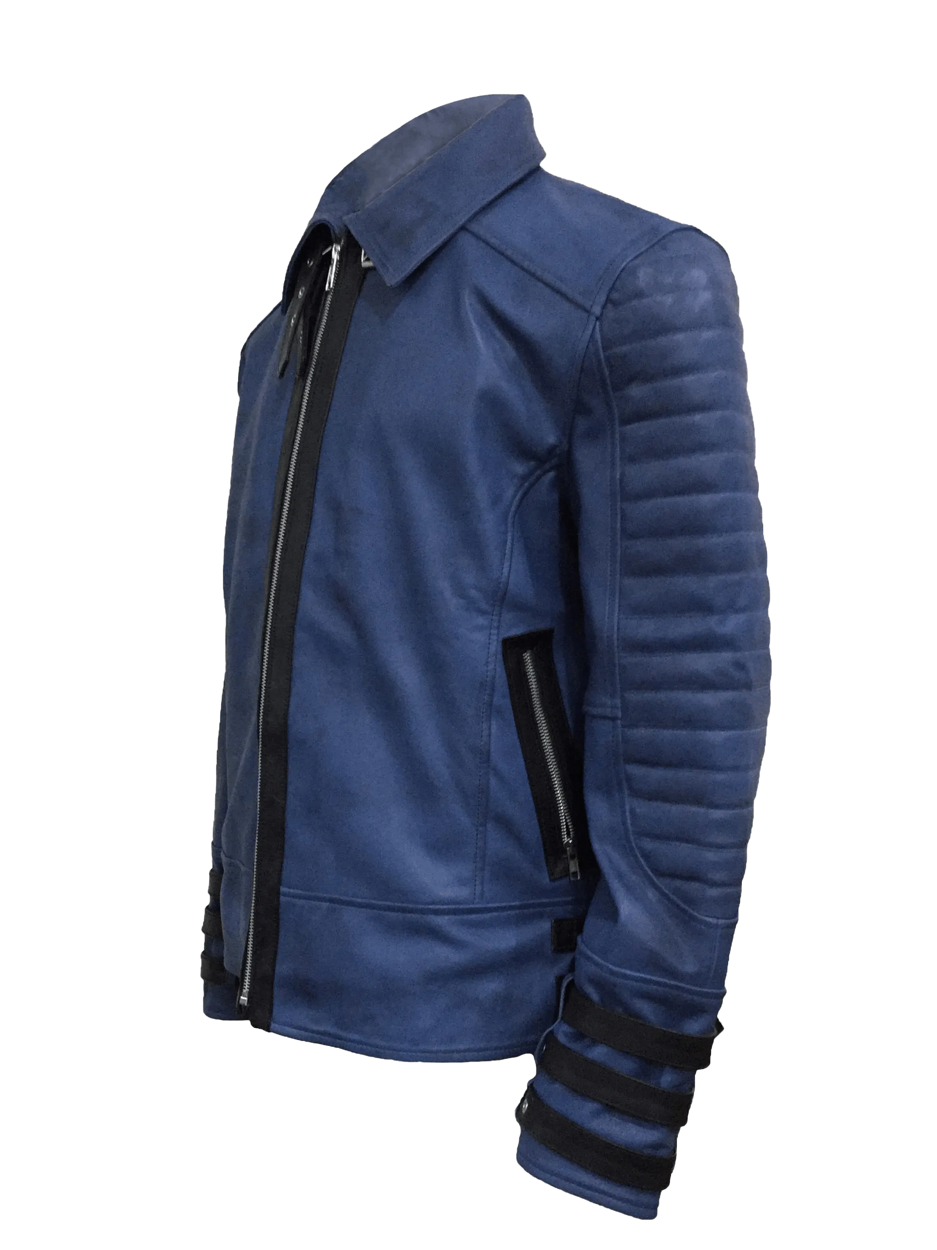 Men's Blue Quilted Style Point Collar Jacket | Mens Blue Quilted Style Leather Jacket