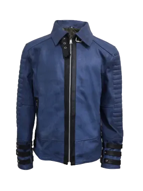 Men's Blue Quilted Style Point Collar Jacket | Mens Blue Quilted Style Leather Jacket