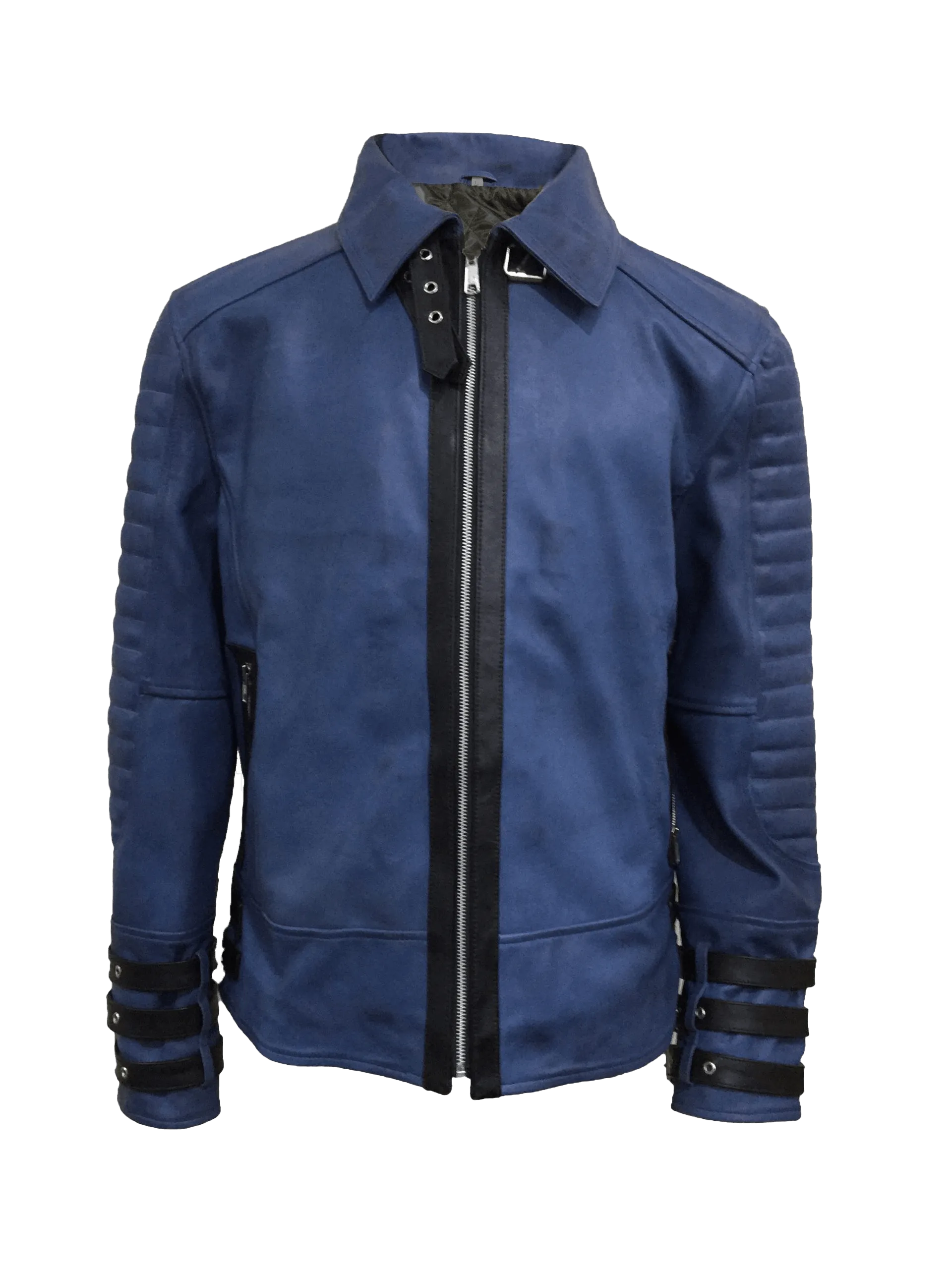 Men's Blue Quilted Style Point Collar Jacket | Mens Blue Quilted Style Leather Jacket