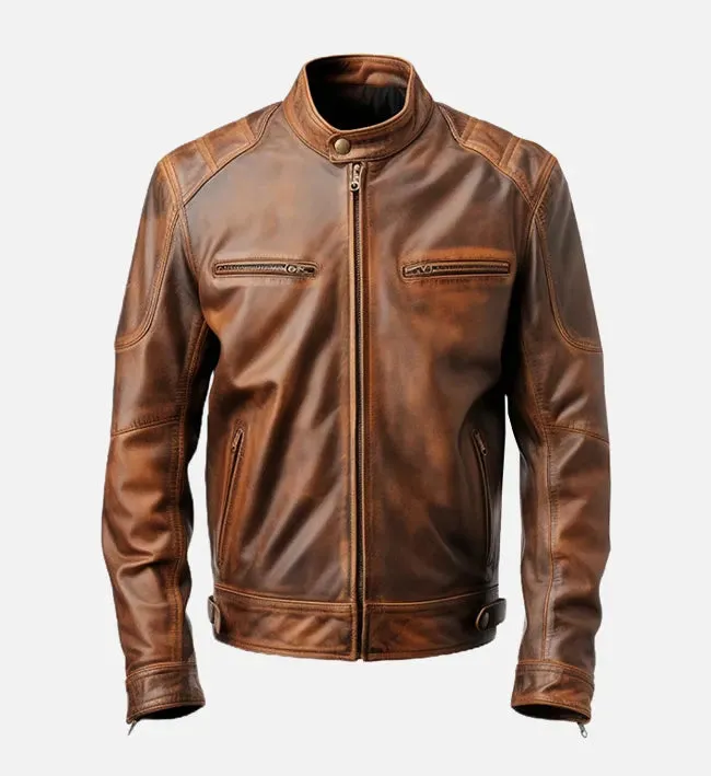 Men's Brown Distressed Cafe Racer Leather Jacket