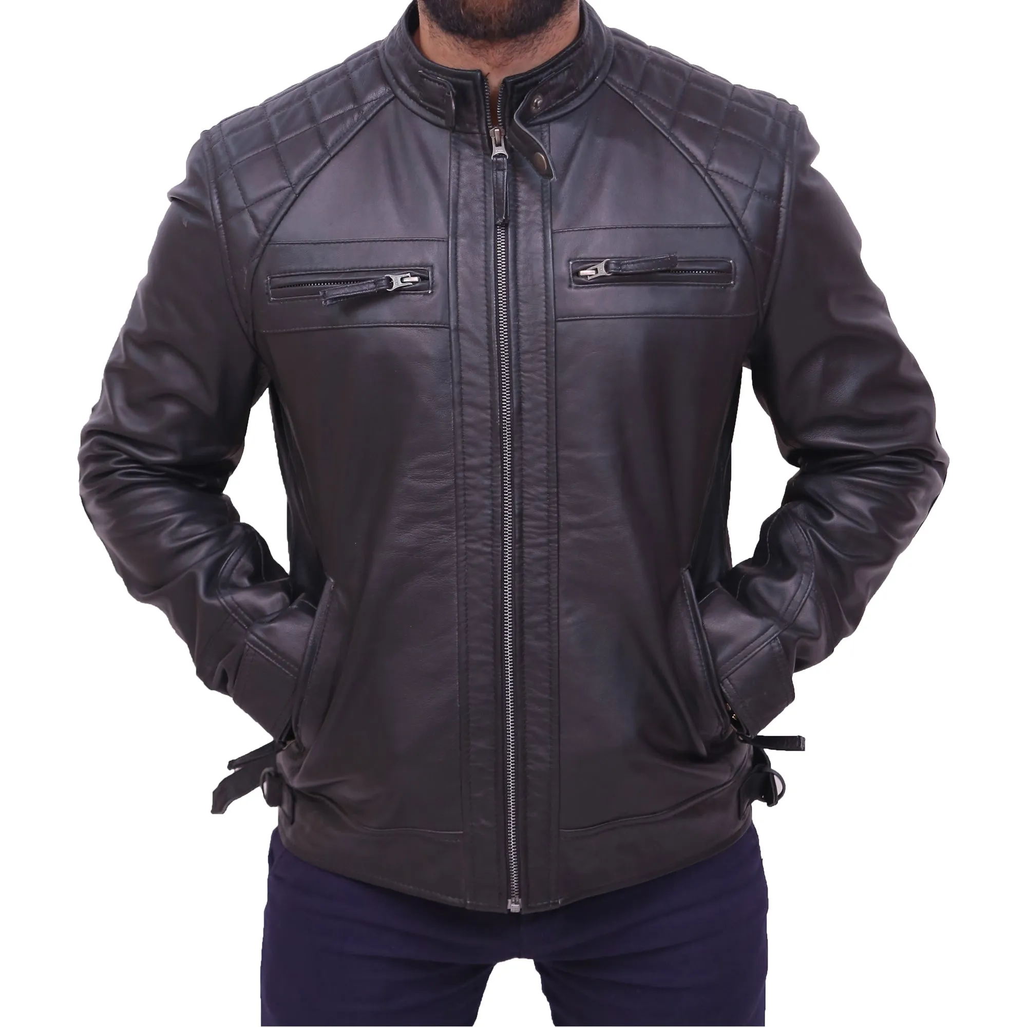 Men's Cafe Racer Vintage Motorcycle Sheepskin Leather Jacket