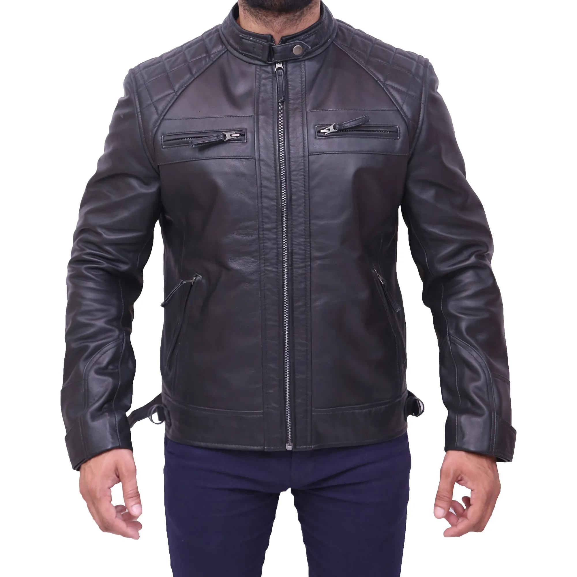 Men's Cafe Racer Vintage Motorcycle Sheepskin Leather Jacket