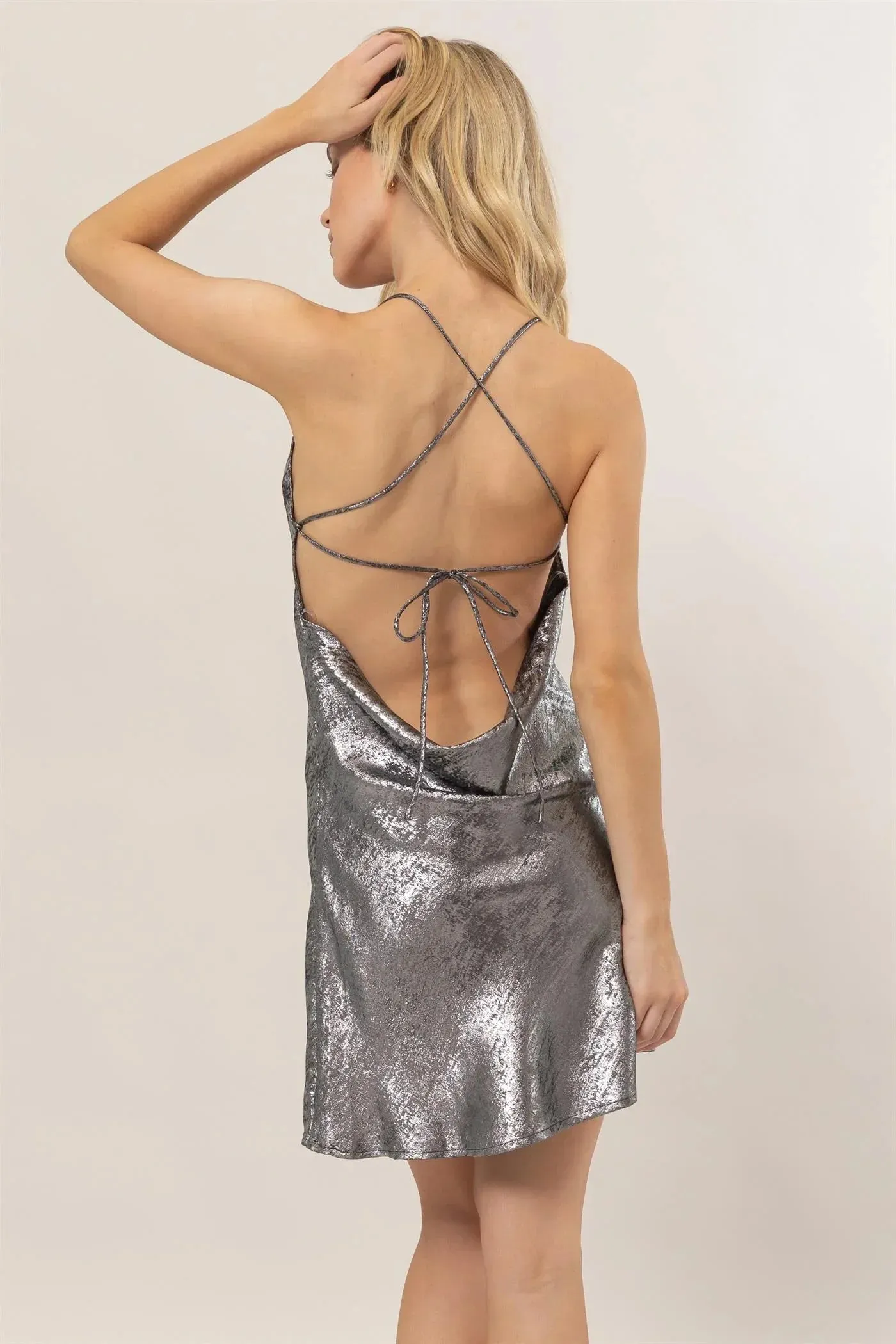 METALLIC CROSS-BACK SATIN SLIP MINI DRESS