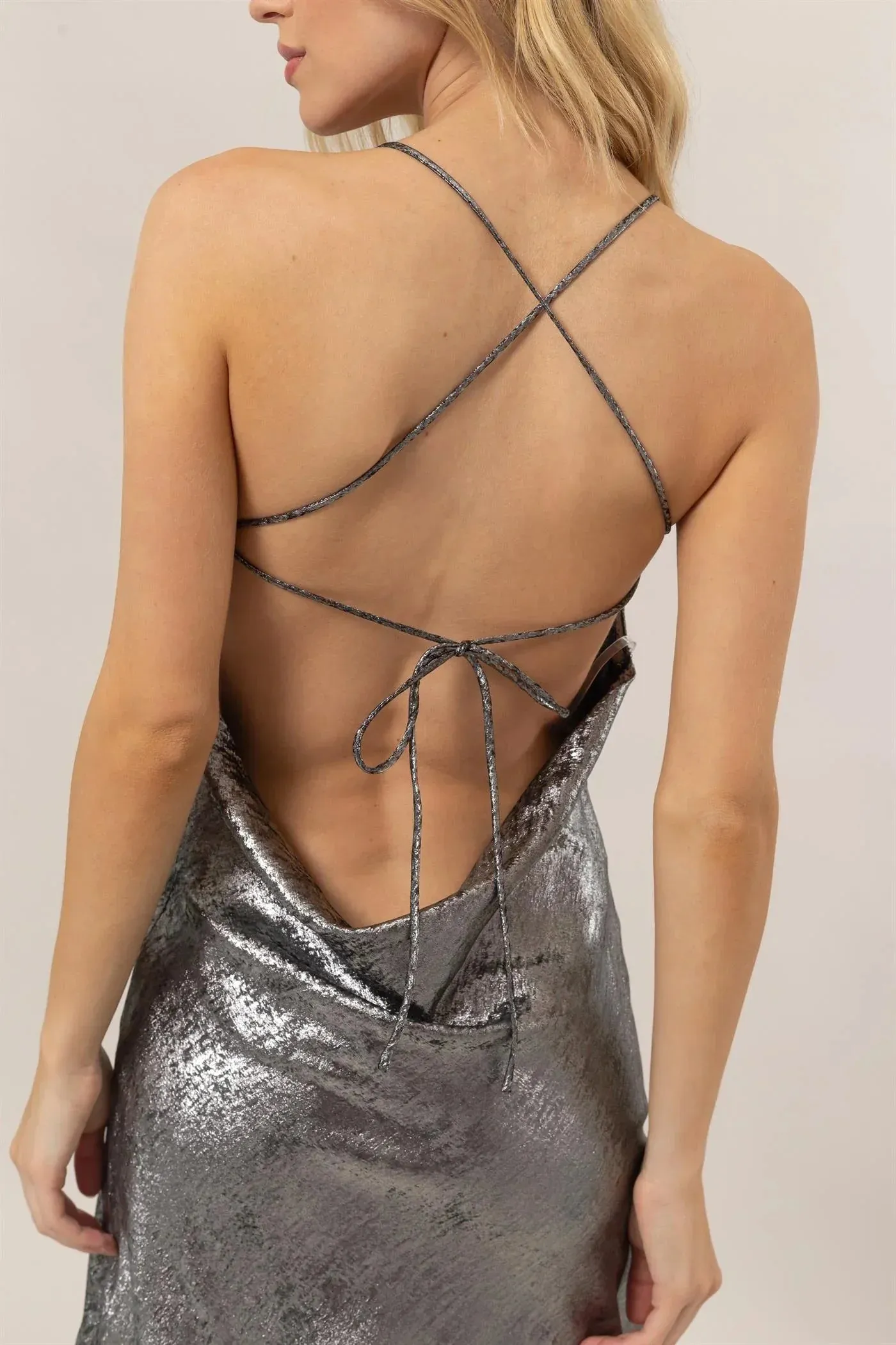 METALLIC CROSS-BACK SATIN SLIP MINI DRESS