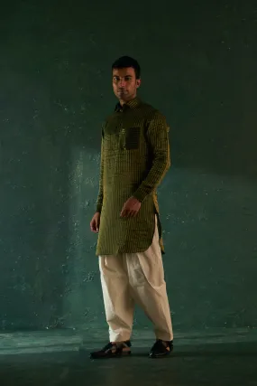 Midas Deep Green Tissue Stripe Pathani Kurta With Salwar- Set Of 2