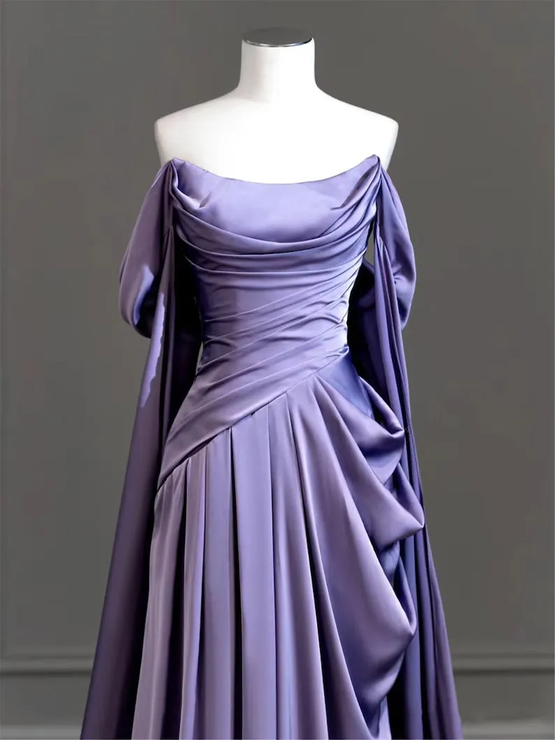 Modest Purple Satin Long Prom Dress,Purple Evening Dress