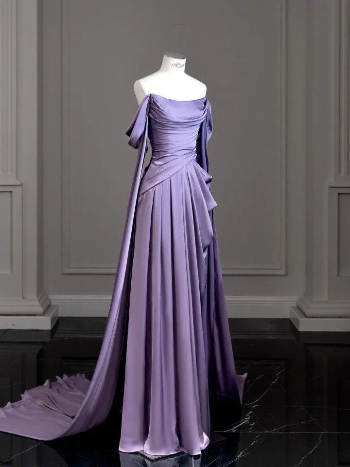 Modest Purple Satin Long Prom Dress,Purple Evening Dress