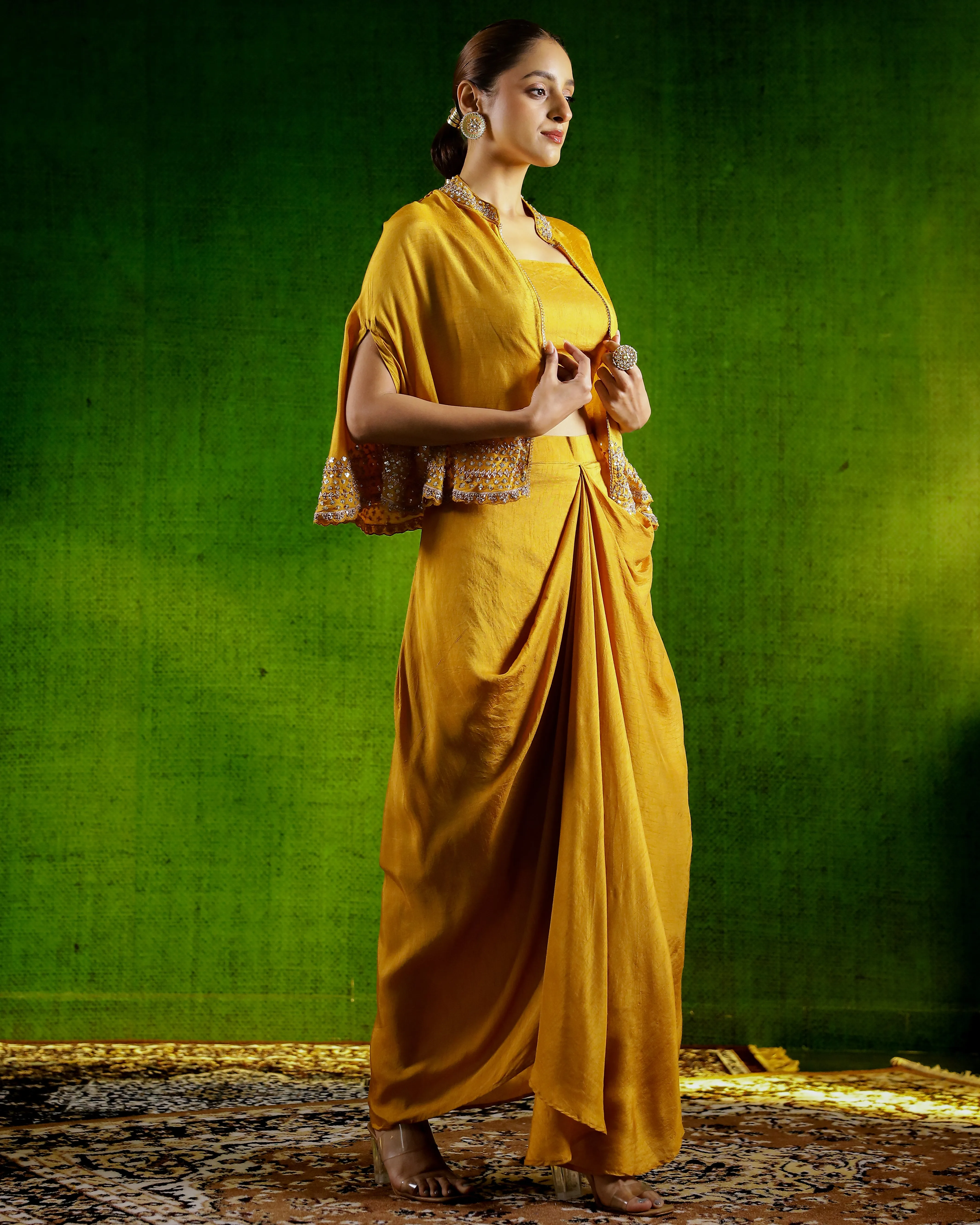 Mustard Embellished Raw Silk Skirt Set