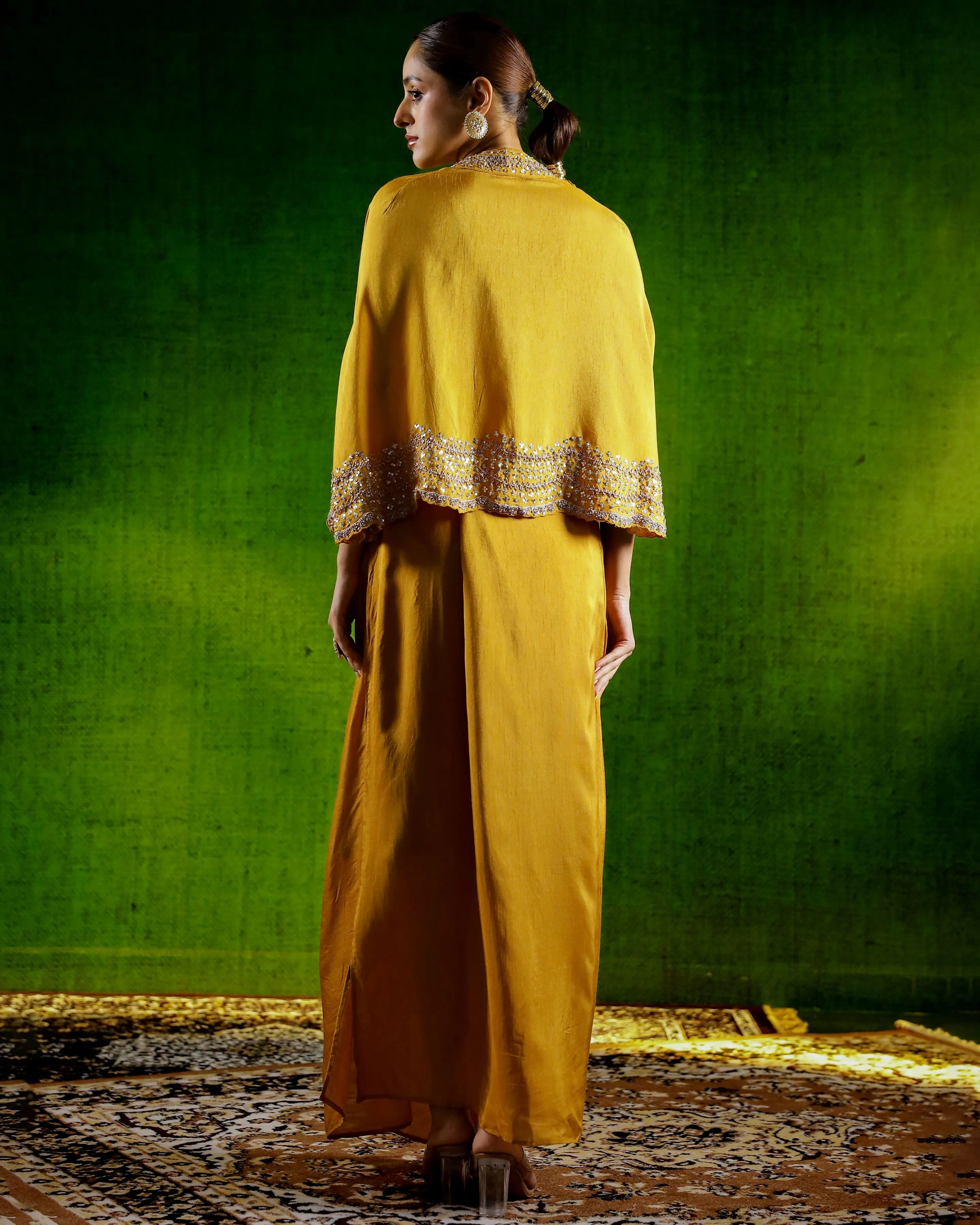 Mustard Embellished Raw Silk Skirt Set