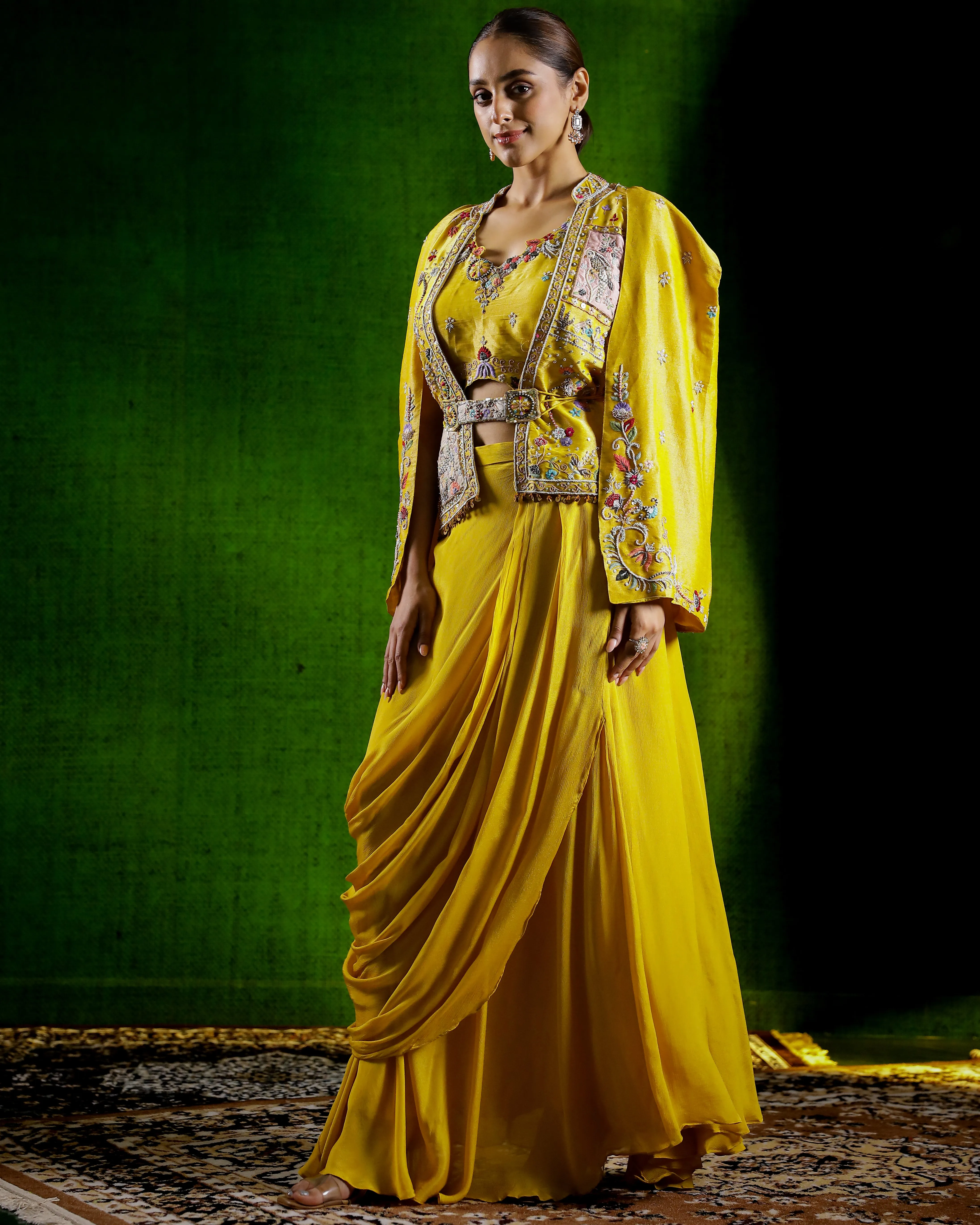 Mustard Yellow Embroidered Chinon Silk Skirt Set