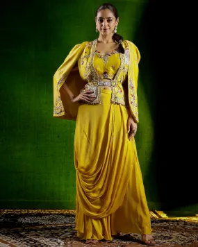 Mustard Yellow Embroidered Chinon Silk Skirt Set