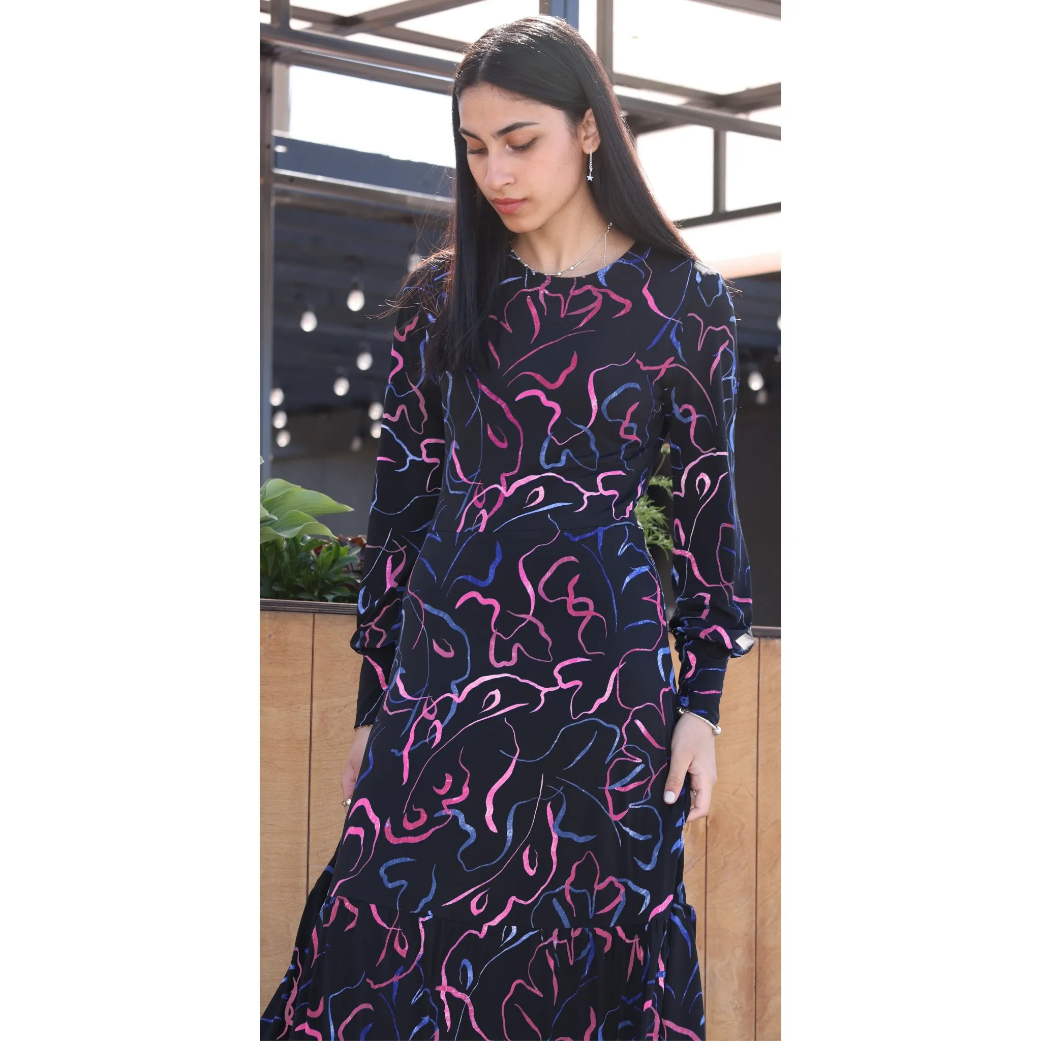 Naamah Maxi Dress: Pink/ Blue Ribbon Swirl