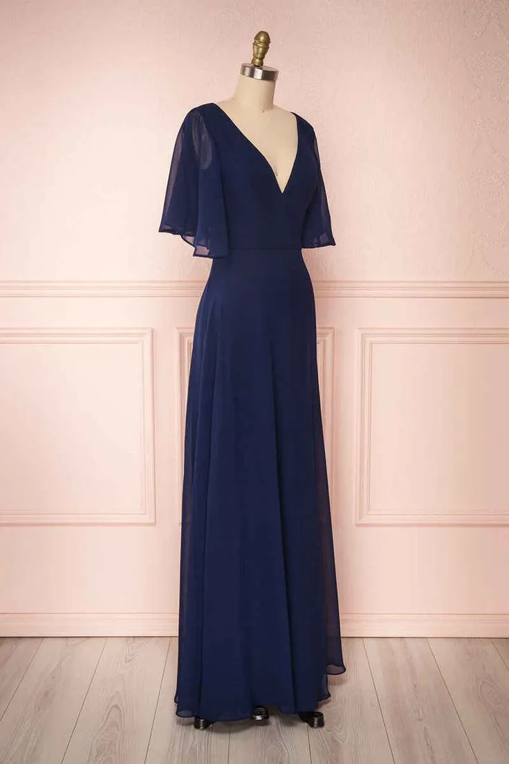 Navy Blue Chiffon V-Neck Ruffled Sleeve Long Bridesmaid Dress           fg6390