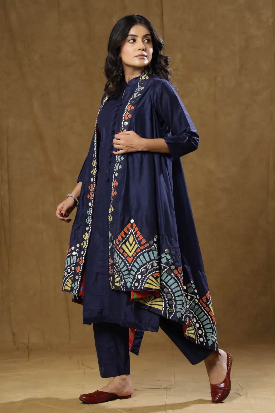 Navy Blue Dola Silk Kurta Pant And Jacket Set