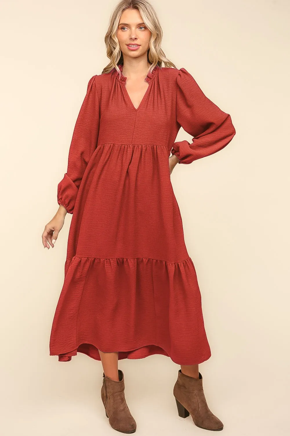 Notch Neck Babydoll Long Sleeve Maxi Dress - Spice