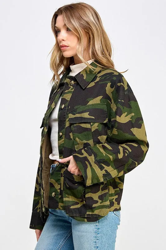 Olive Camouflage Soft Fabric Oversized Cargo Jacket