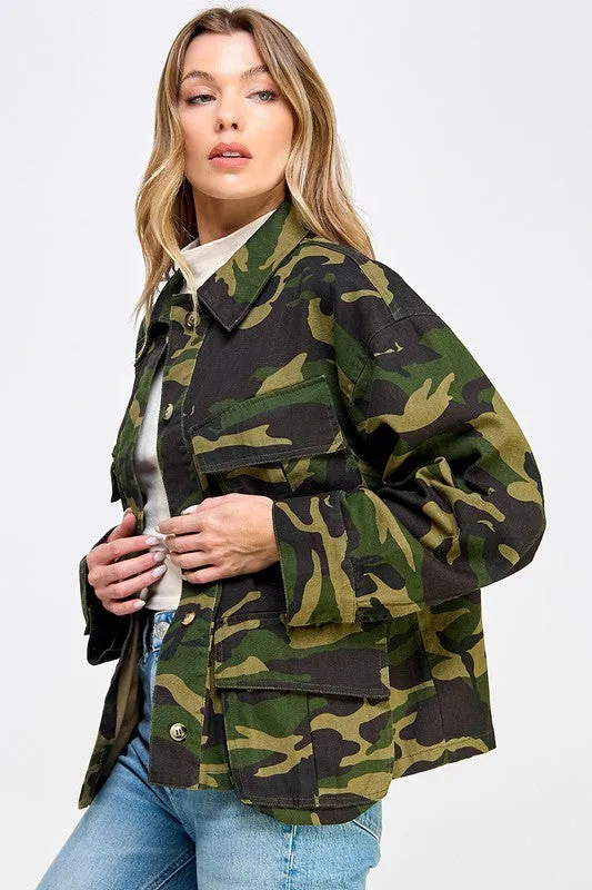 Olive Camouflage Soft Fabric Oversized Cargo Jacket