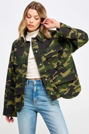 Olive Camouflage Soft Fabric Oversized Cargo Jacket