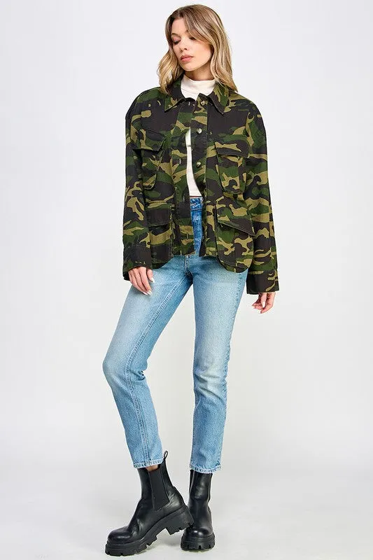 Olive Camouflage Soft Fabric Oversized Cargo Jacket