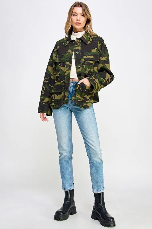 Olive Camouflage Soft Fabric Oversized Cargo Jacket